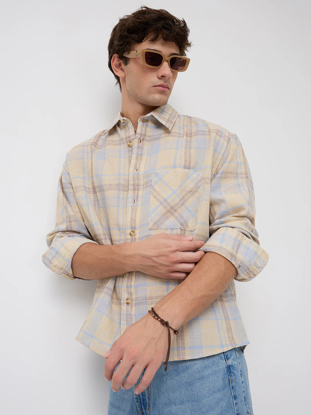 Pastel Dune Soft Plaid Checks Boxy Fit Crop Shirt - Image 4