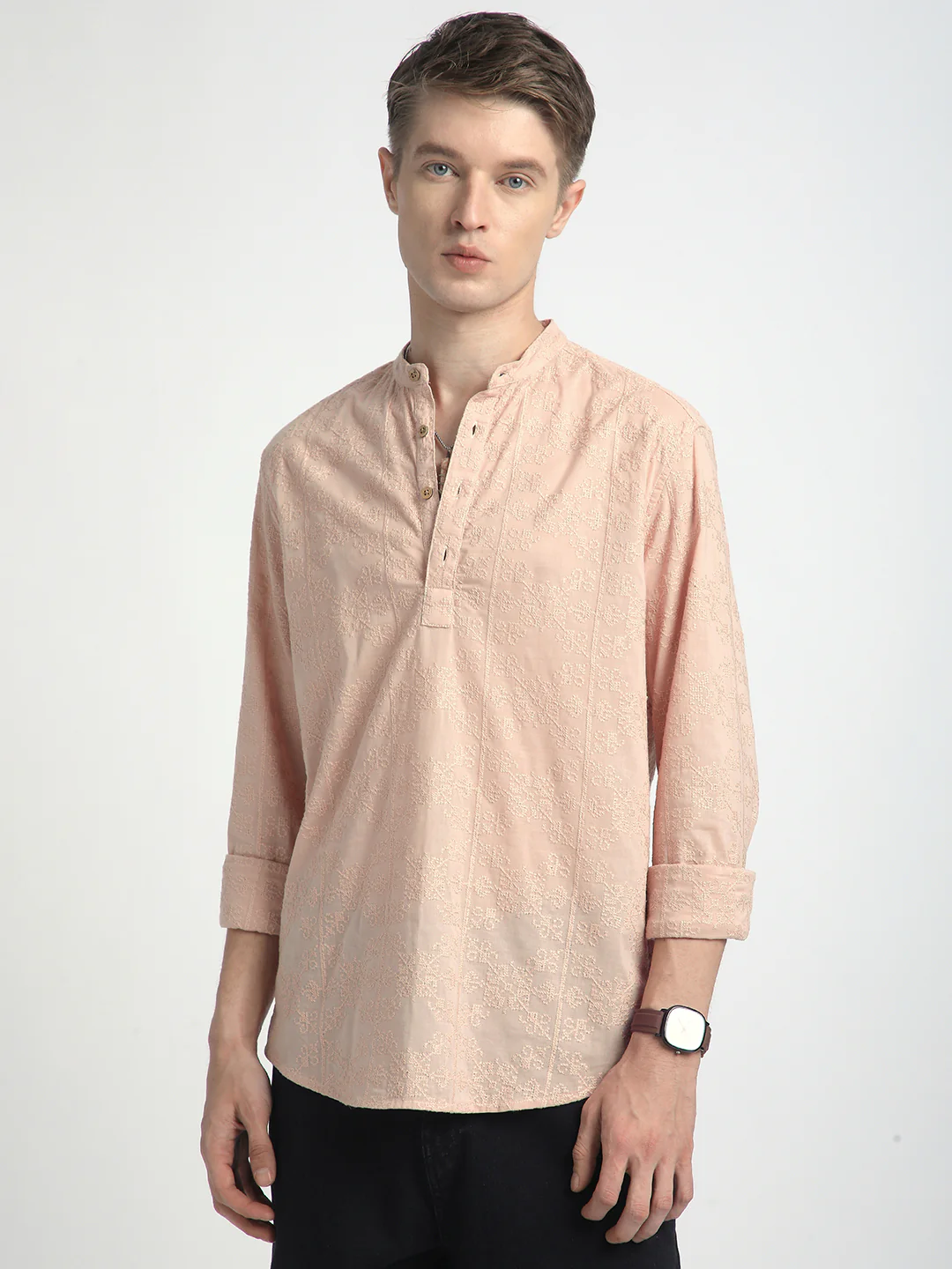 Pastel Peach Blossom Embroidery Kurta - Image 5