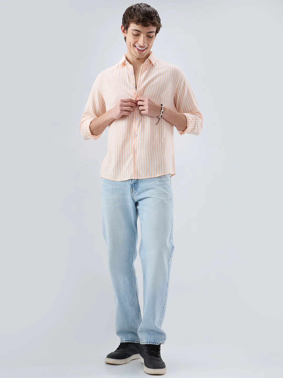 Pastel Peach Soft Candy Striped Vacation Shirt - Image 7