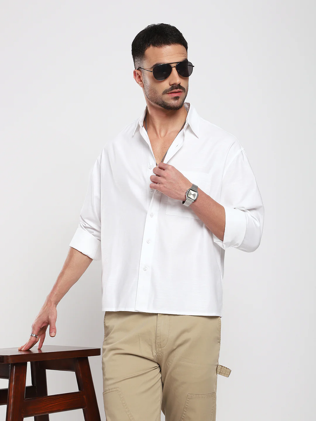 Pearl White Refined Slub Boxy Fit Crop Shirt