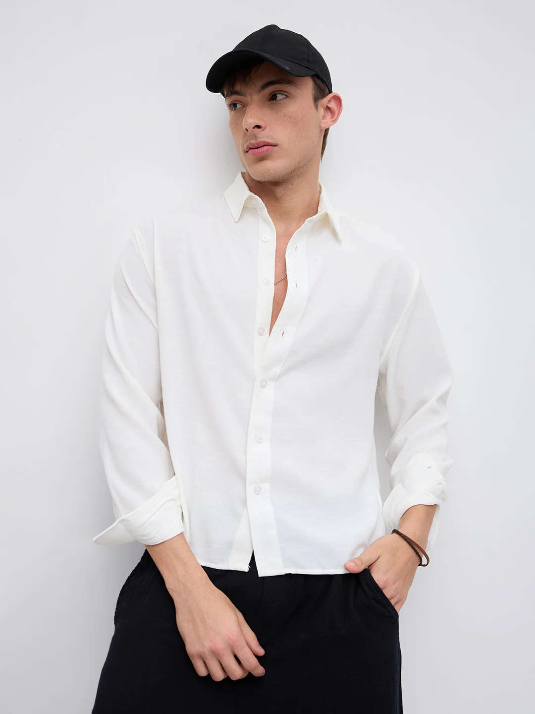 Pearl White Slub Crinkled Boxy Fit Crop Shirt