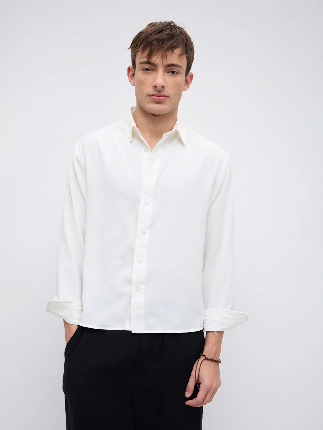 Pearl White Slub Crinkled Boxy Fit Crop Shirt - Image 5