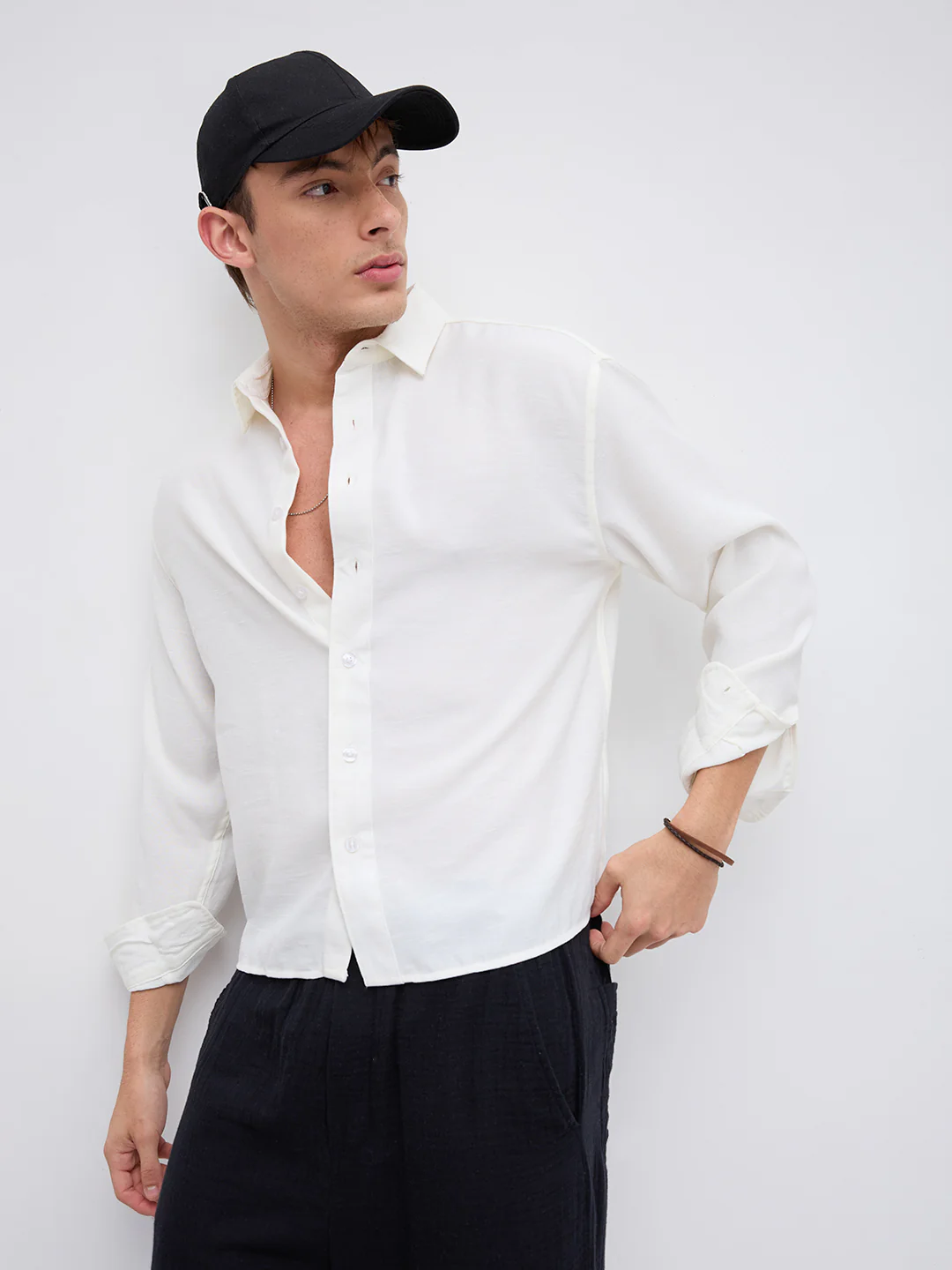 Pearl White Slub Crinkled Boxy Fit Crop Shirt - Image 6