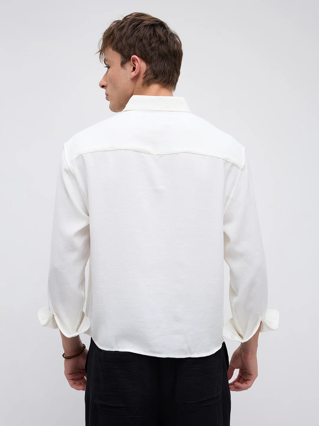 Pearl White Slub Crinkled Boxy Fit Crop Shirt - Image 8