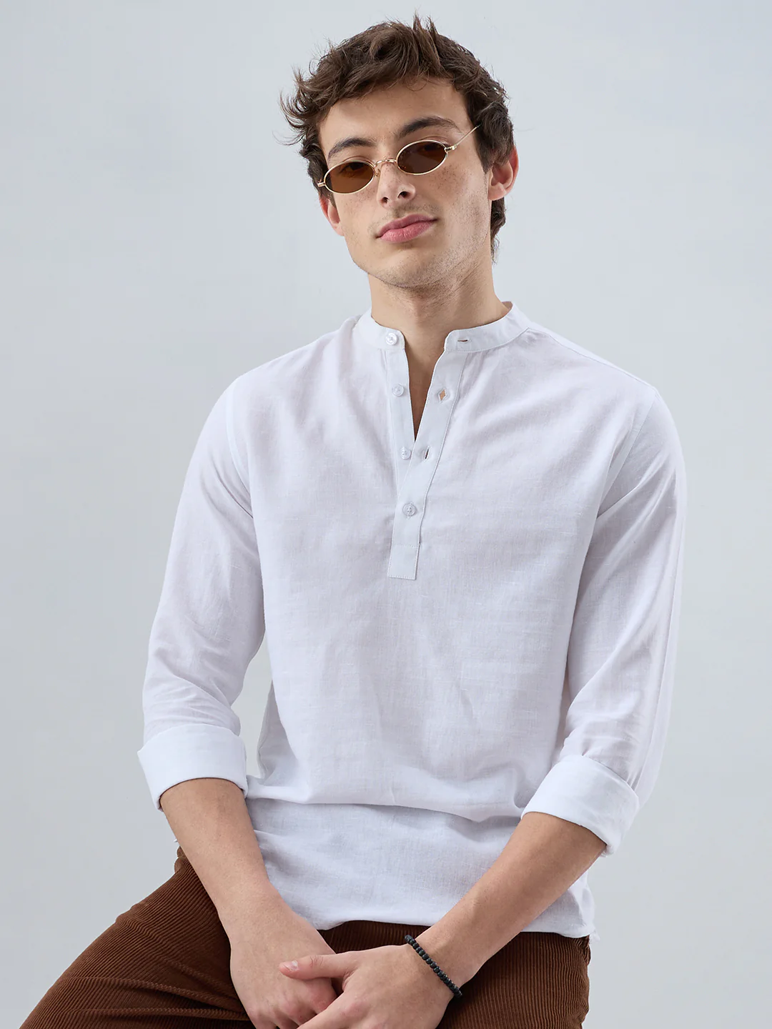 Pearl White Slub Textured Linen Blend Kurta - Image 4