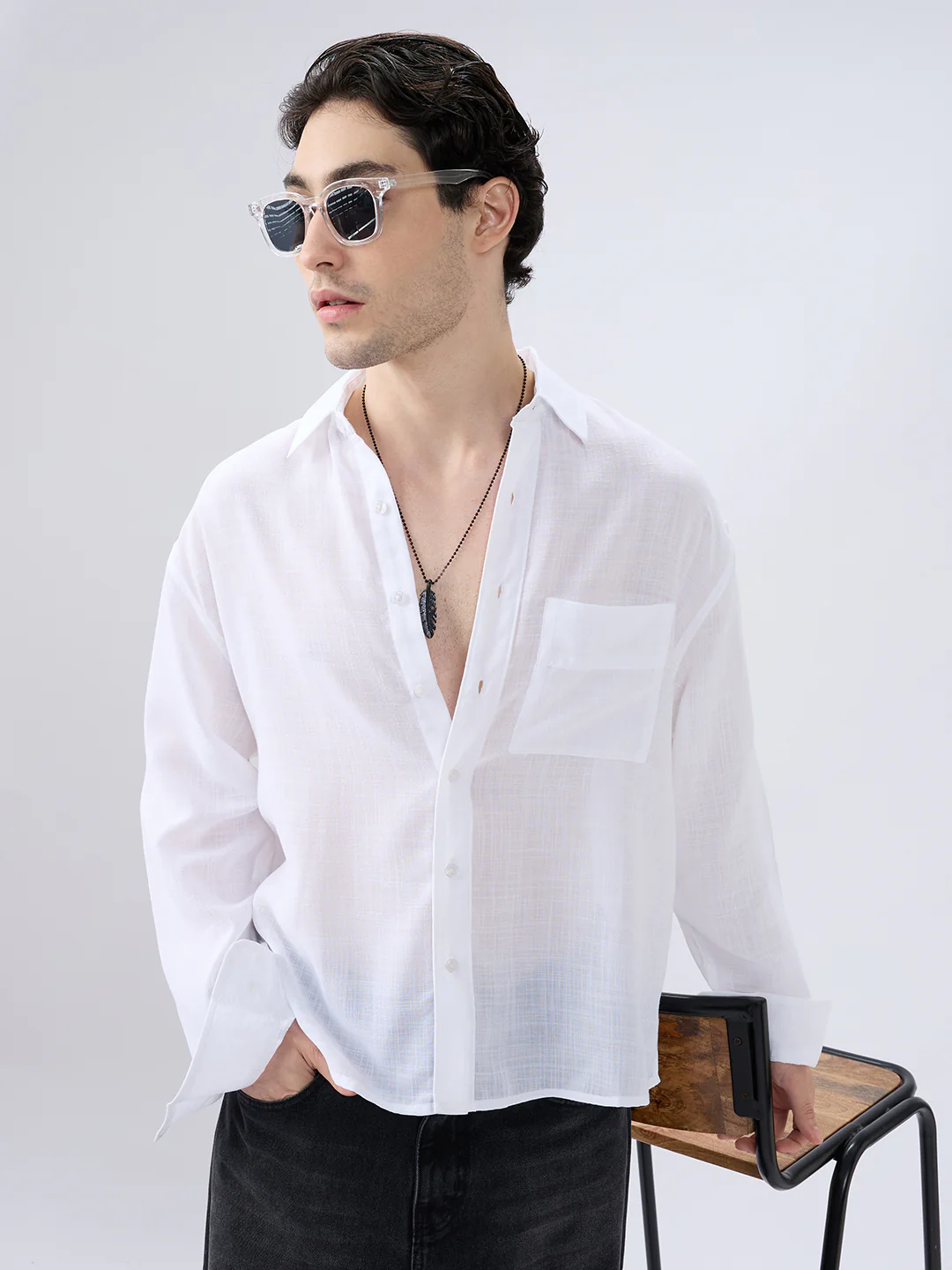 Pearl White Subtle Textured Boxy Fit Crop Shirt