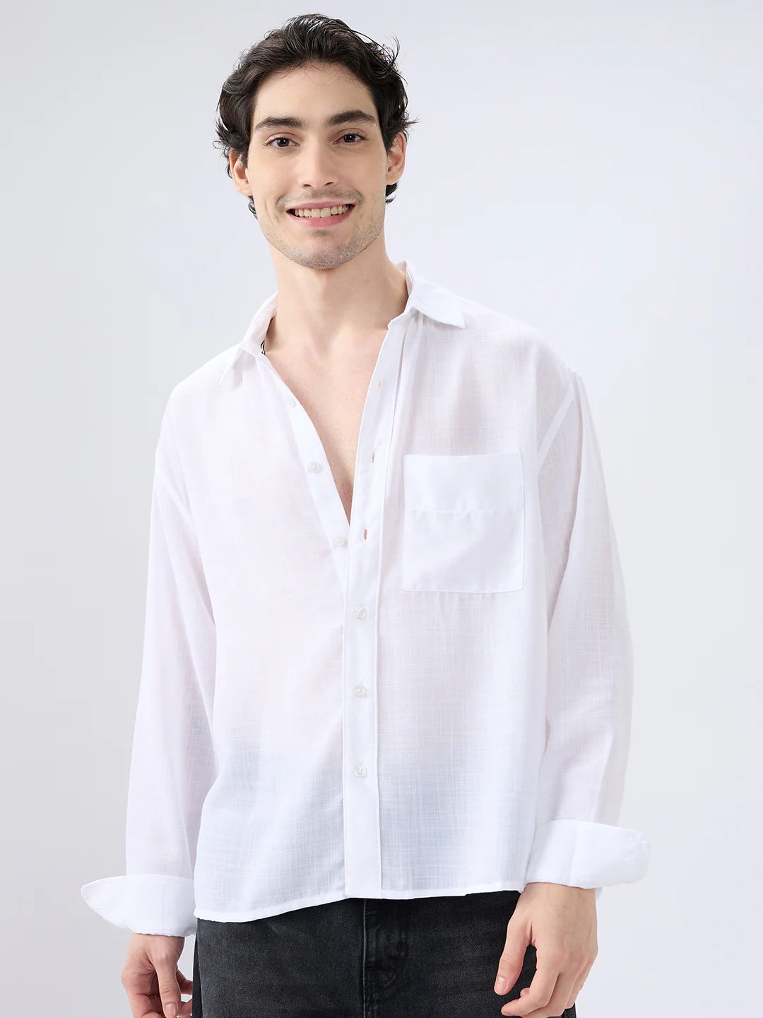 Pearl White Subtle Textured Boxy Fit Crop Shirt - Image 5