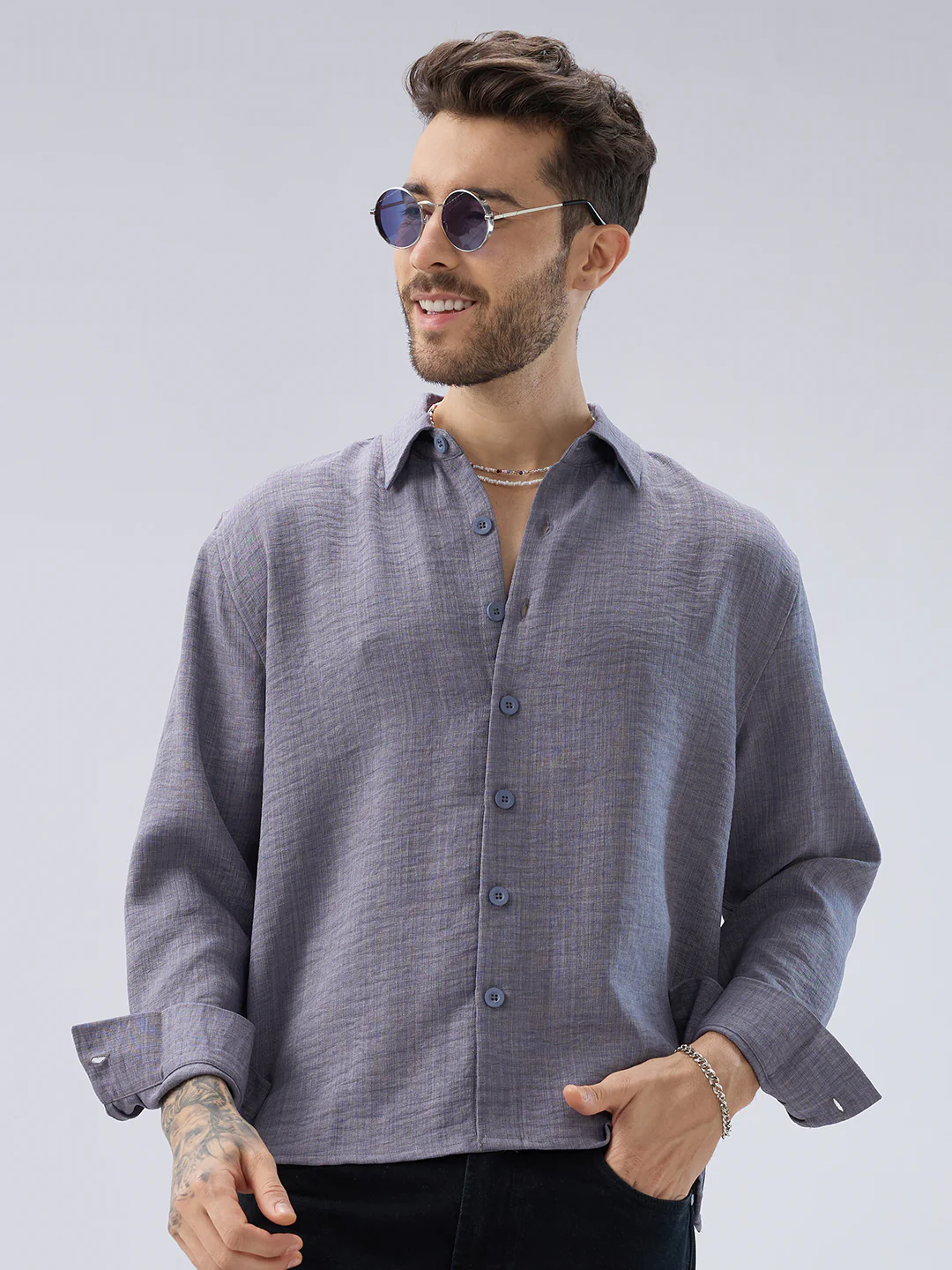 Pebble Grey Slub Textured Side-Slit Button Oversized Crop Shirt