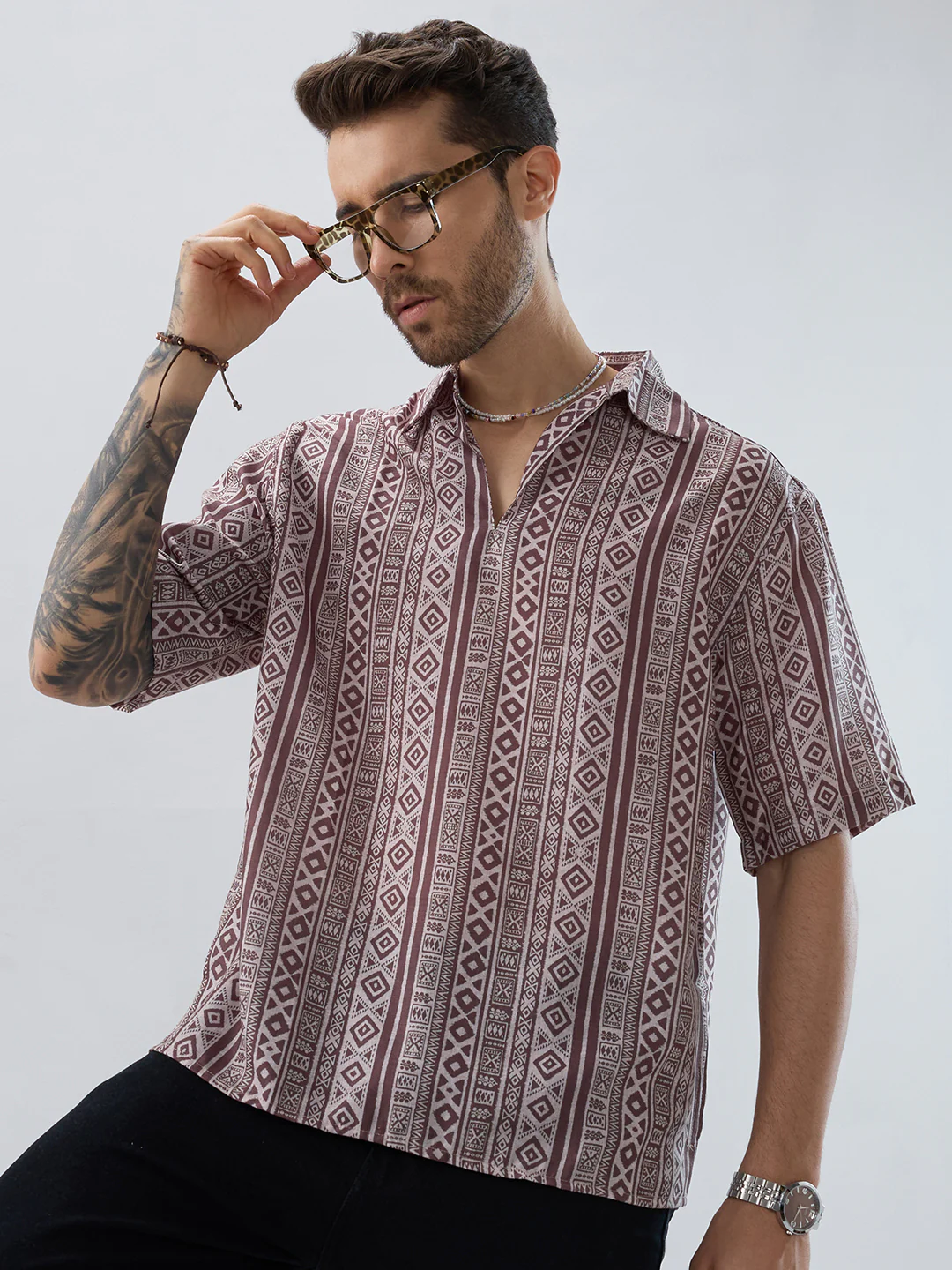 Pecan Brown Geometric Printed Oversized Polo Shirt - Image 2