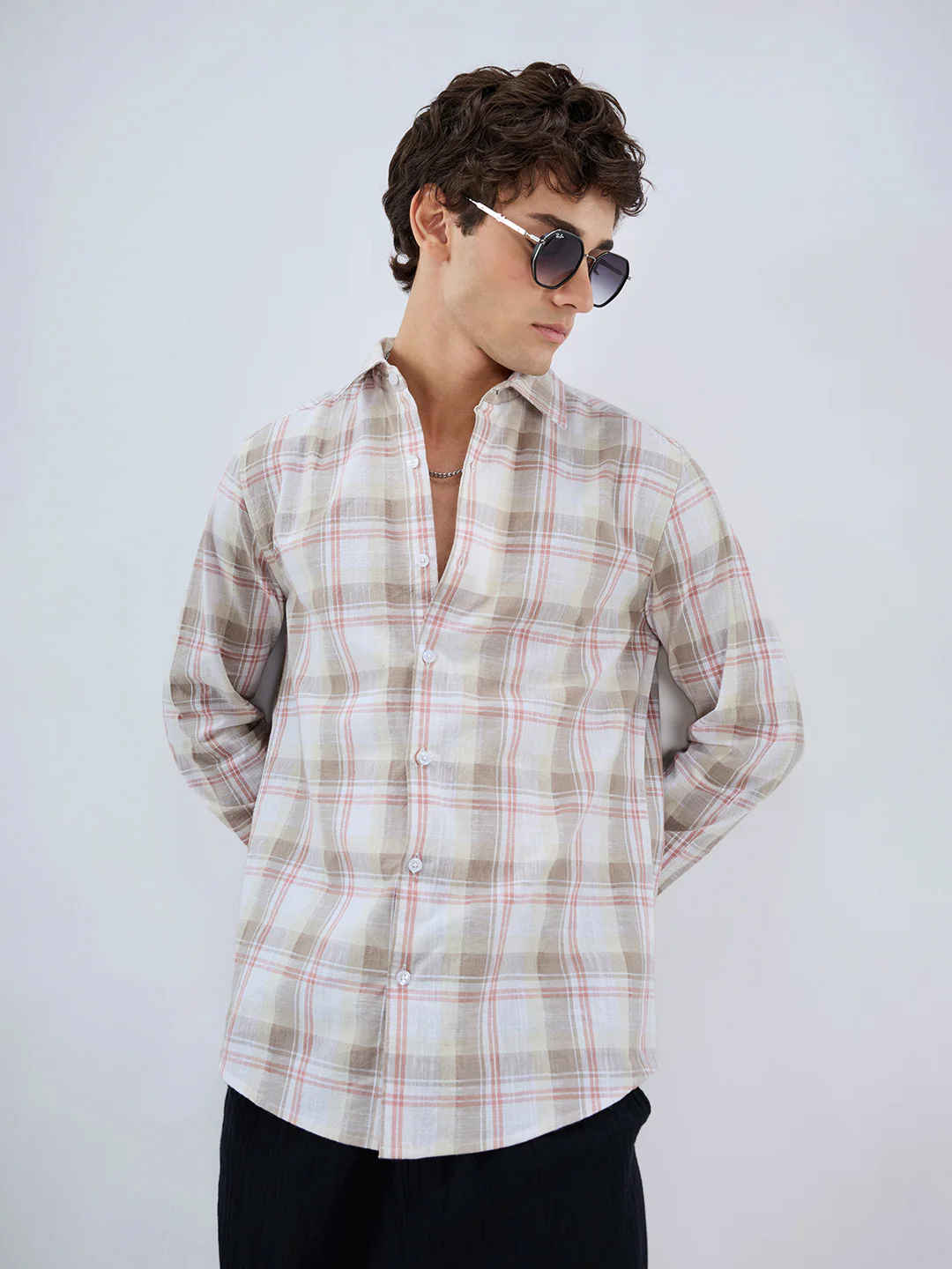 Pink & Brown Fine Weave Plaid Linen Blend Checks Shirt - Image 4
