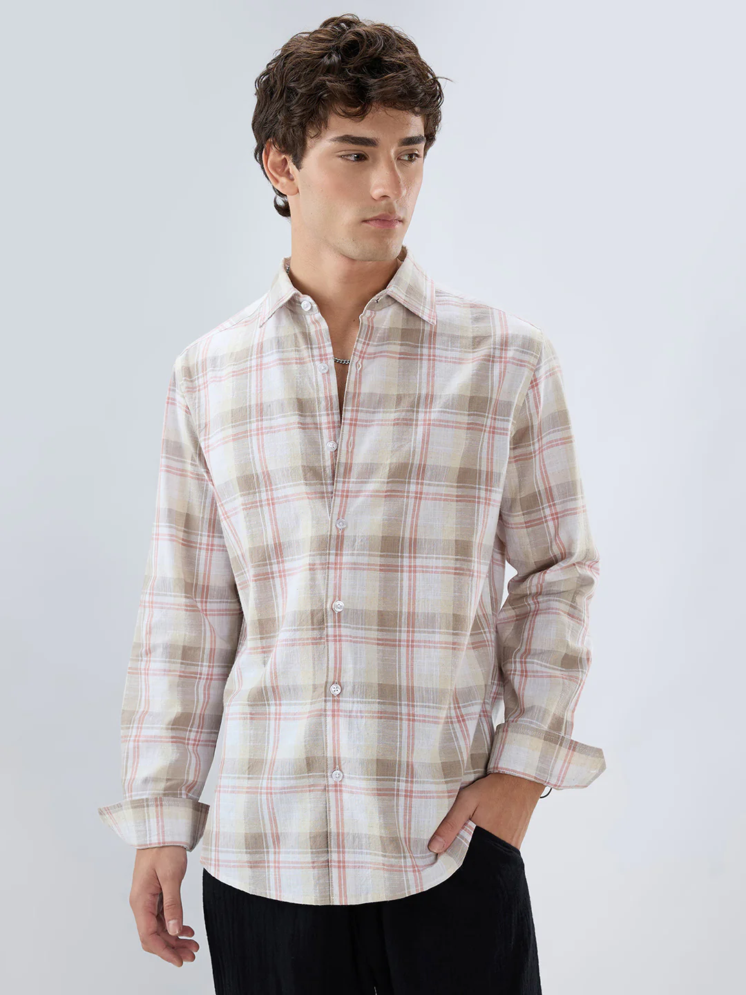 Pink & Brown Fine Weave Plaid Linen Blend Checks Shirt - Image 5
