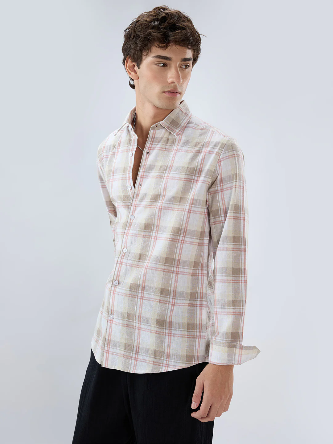 Pink & Brown Fine Weave Plaid Linen Blend Checks Shirt - Image 7
