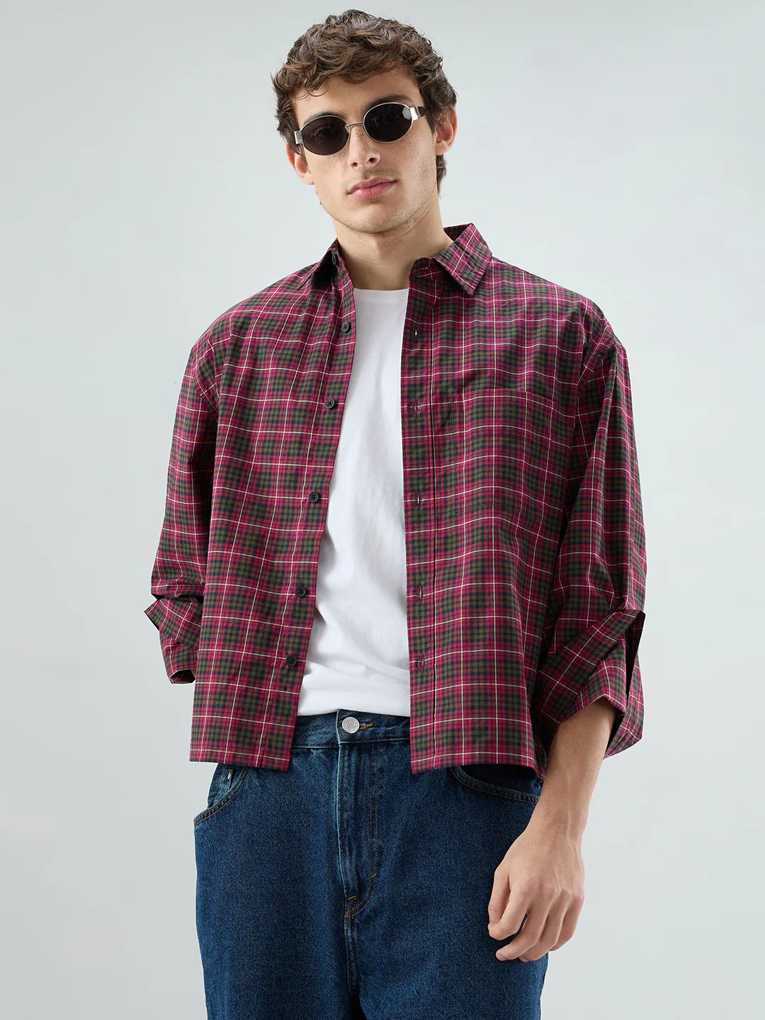 Pink & Olive Plaid Checks Cuffless Oversized Crop Shirt - Image 4