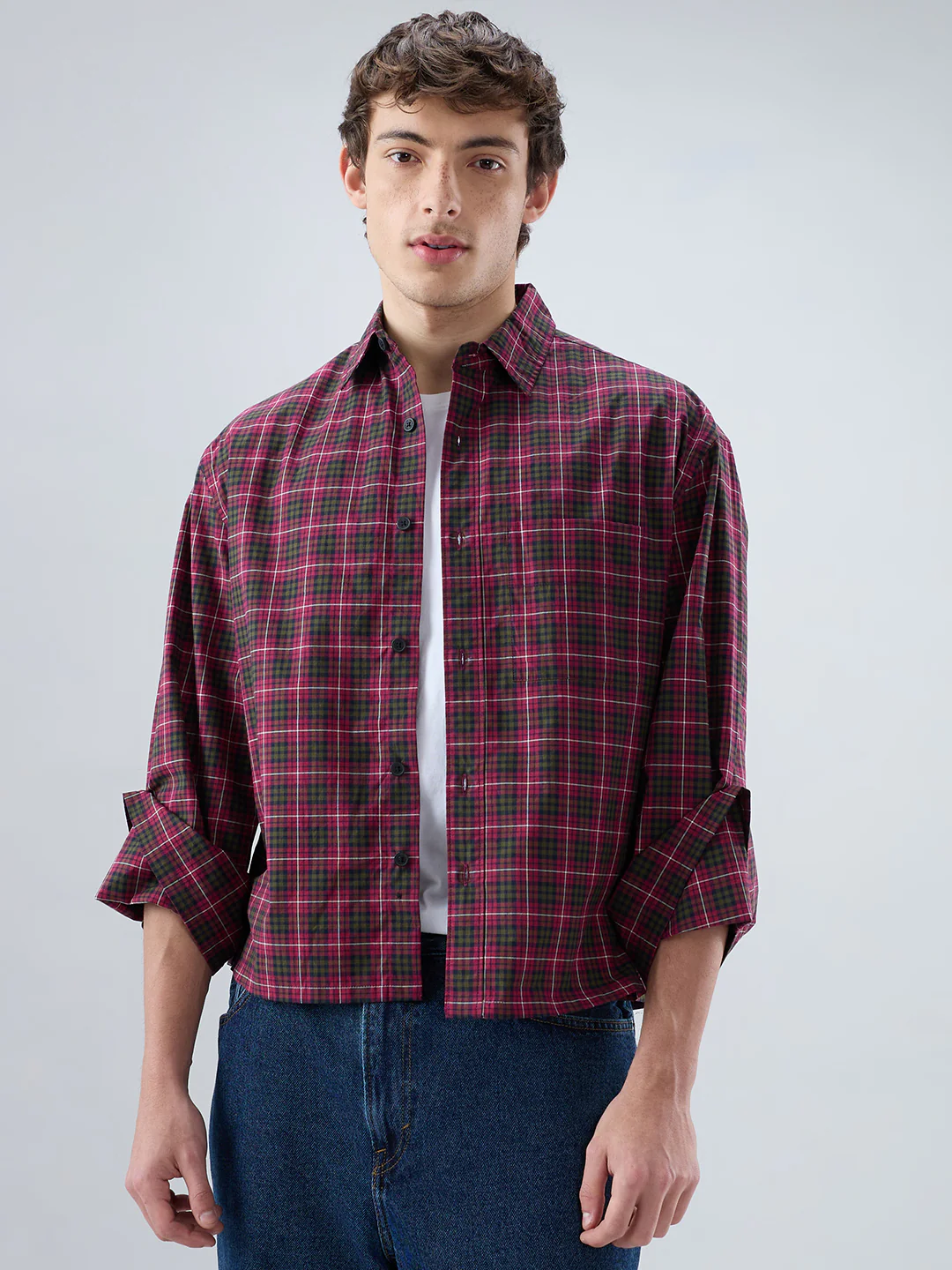 Pink & Olive Plaid Checks Cuffless Oversized Crop Shirt - Image 5