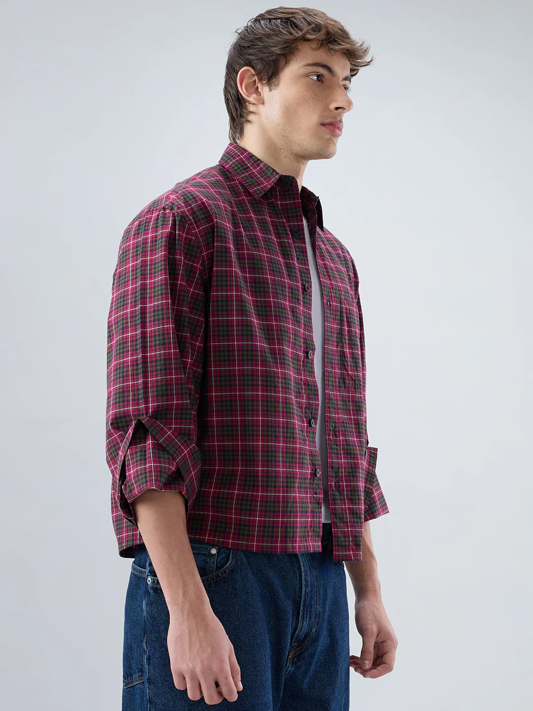 Pink & Olive Plaid Checks Cuffless Oversized Crop Shirt - Image 6