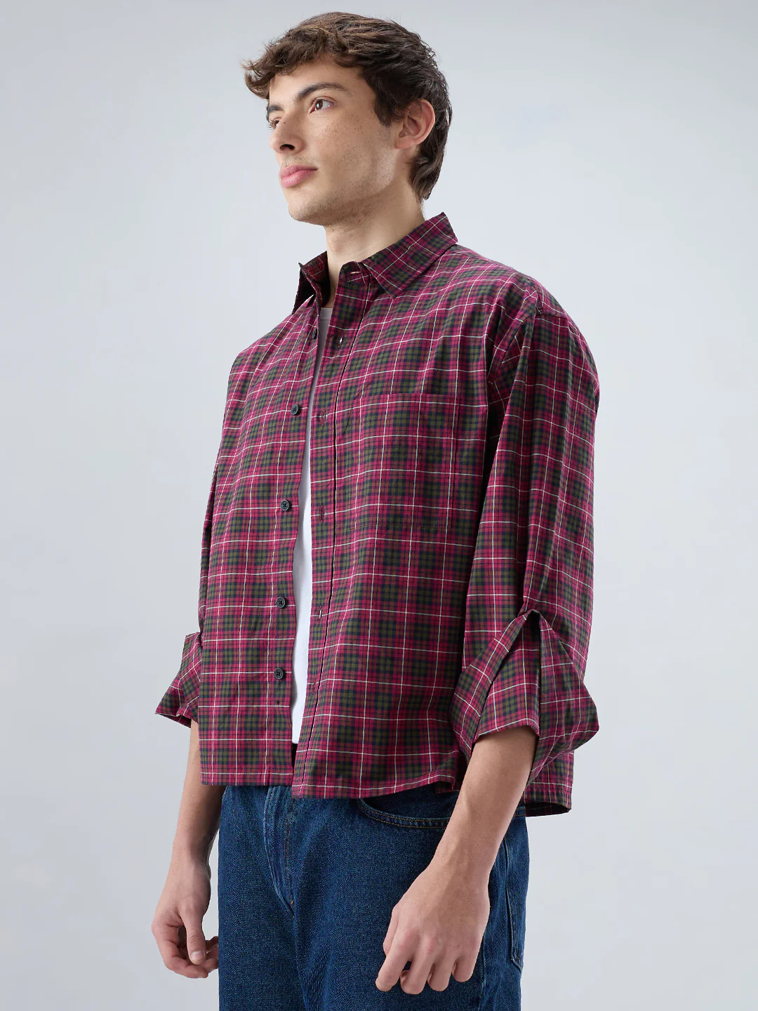 Pink & Olive Plaid Checks Cuffless Oversized Crop Shirt - Image 7