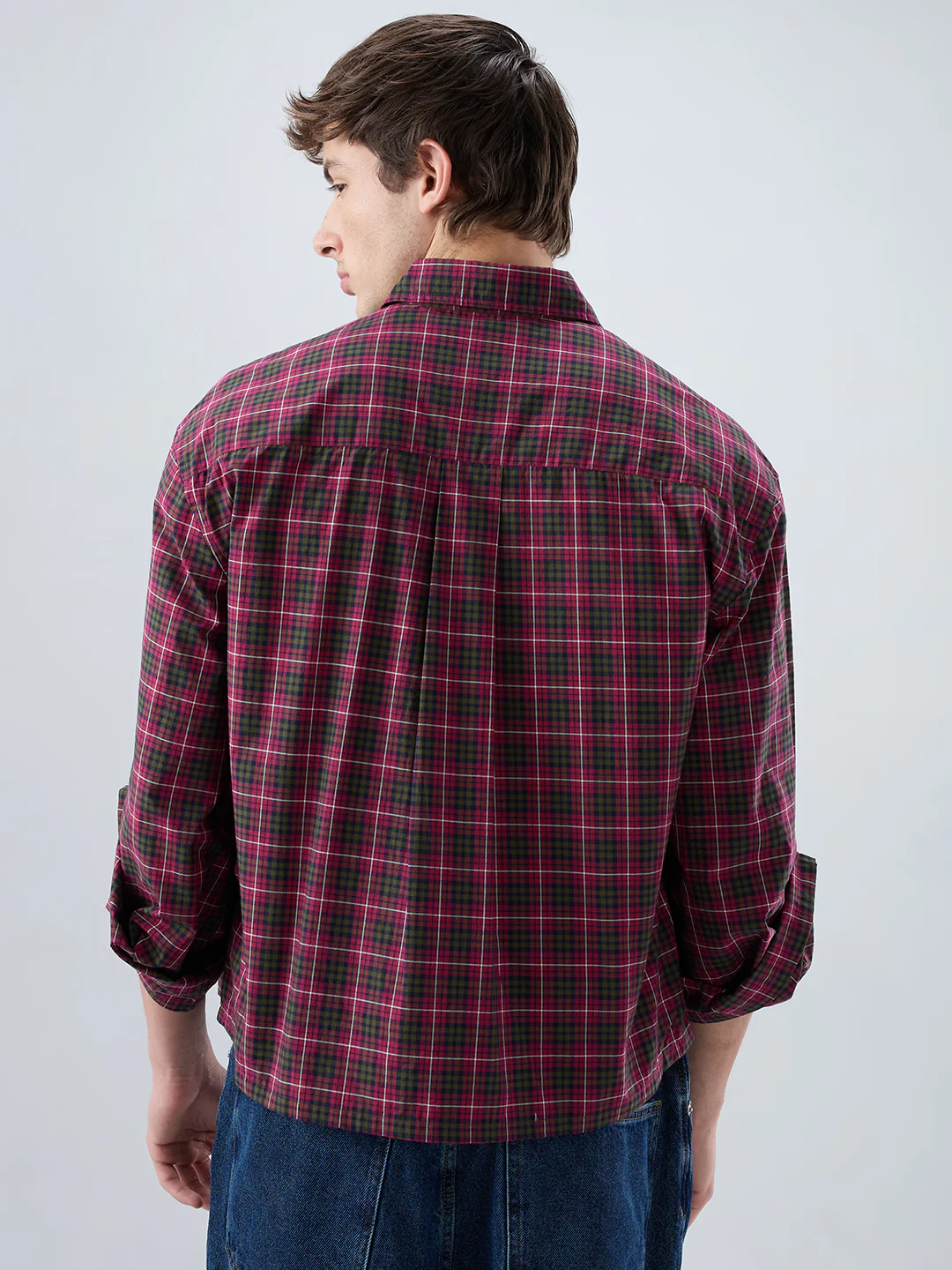 Pink & Olive Plaid Checks Cuffless Oversized Crop Shirt - Image 8