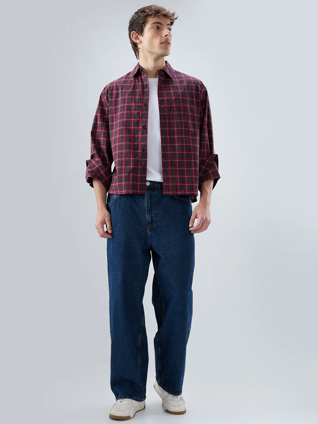 Pink & Olive Plaid Checks Cuffless Oversized Crop Shirt - Image 9