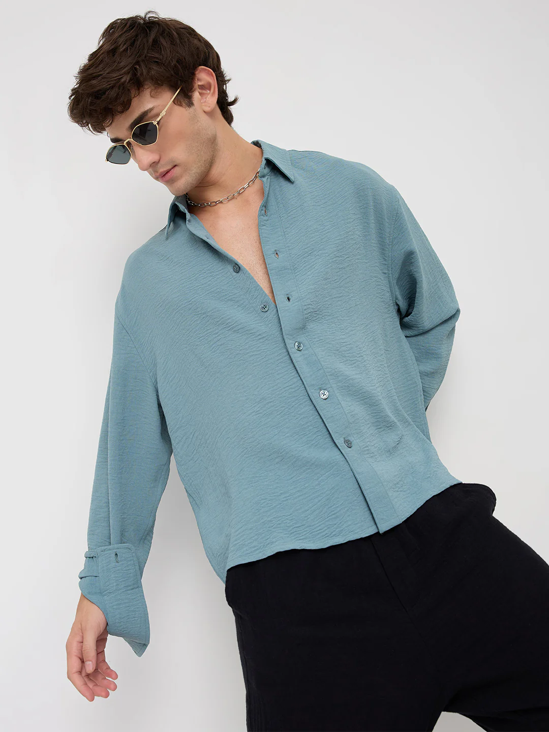 Plush AirForce Blue Lightweight Crinkled Boxy Fit Crop Shirt - Image 2