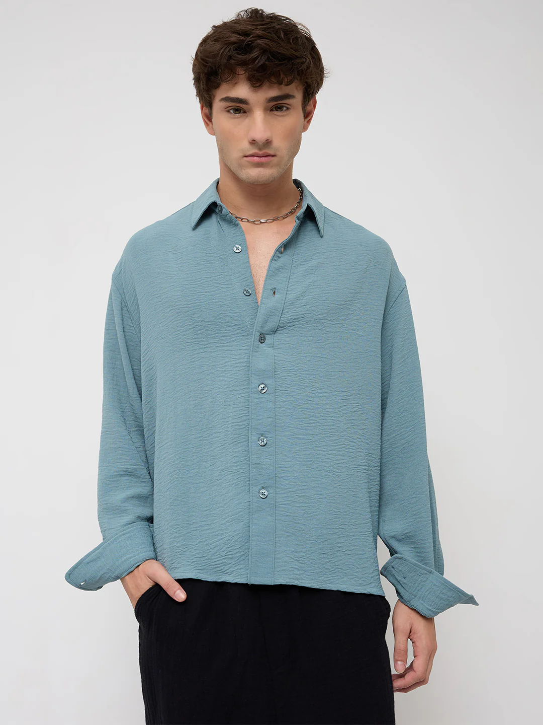 Plush AirForce Blue Lightweight Crinkled Boxy Fit Crop Shirt - Image 5