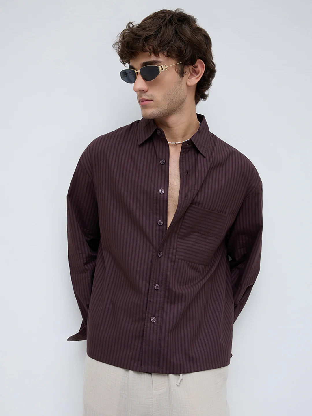 Plush Brunette Brown Subtle Striped Boxy Fit Crop Shirt - Image 4