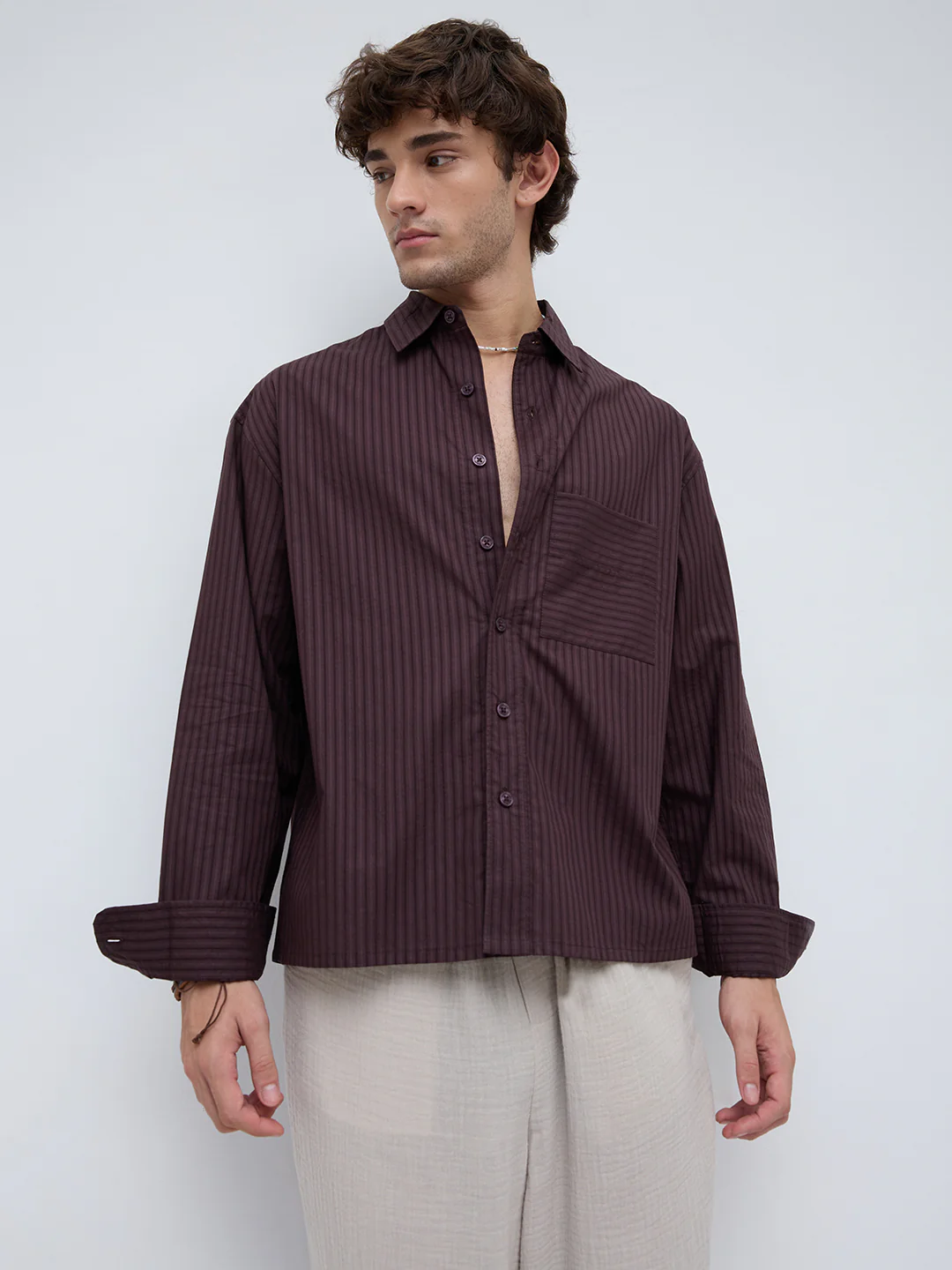 Plush Brunette Brown Subtle Striped Boxy Fit Crop Shirt - Image 5