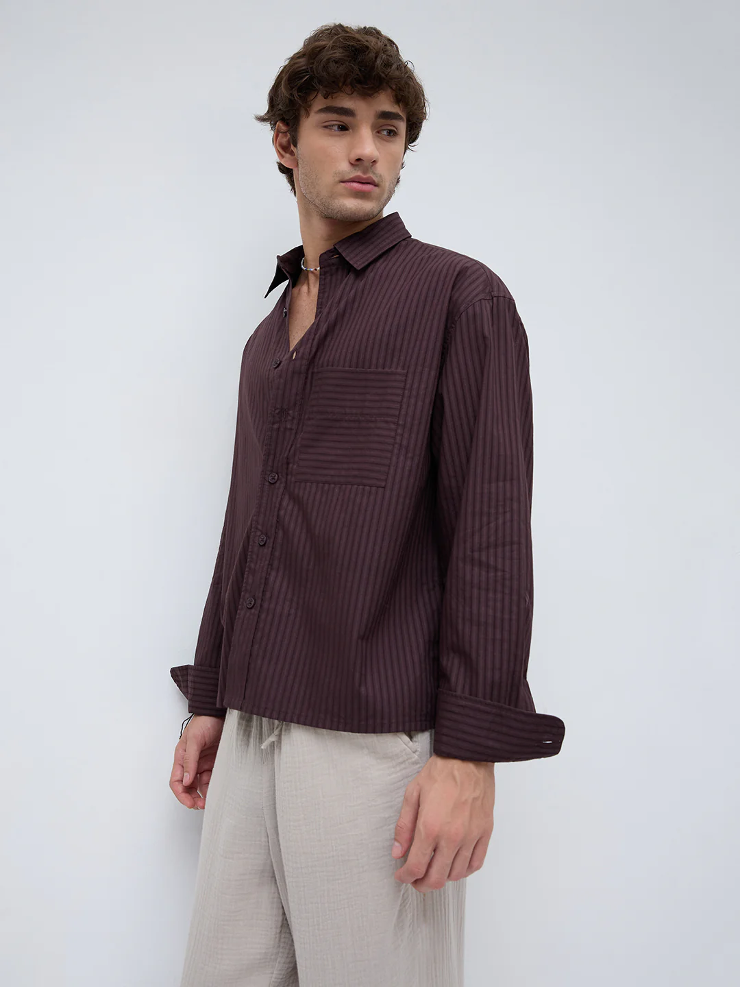 Plush Brunette Brown Subtle Striped Boxy Fit Crop Shirt - Image 6