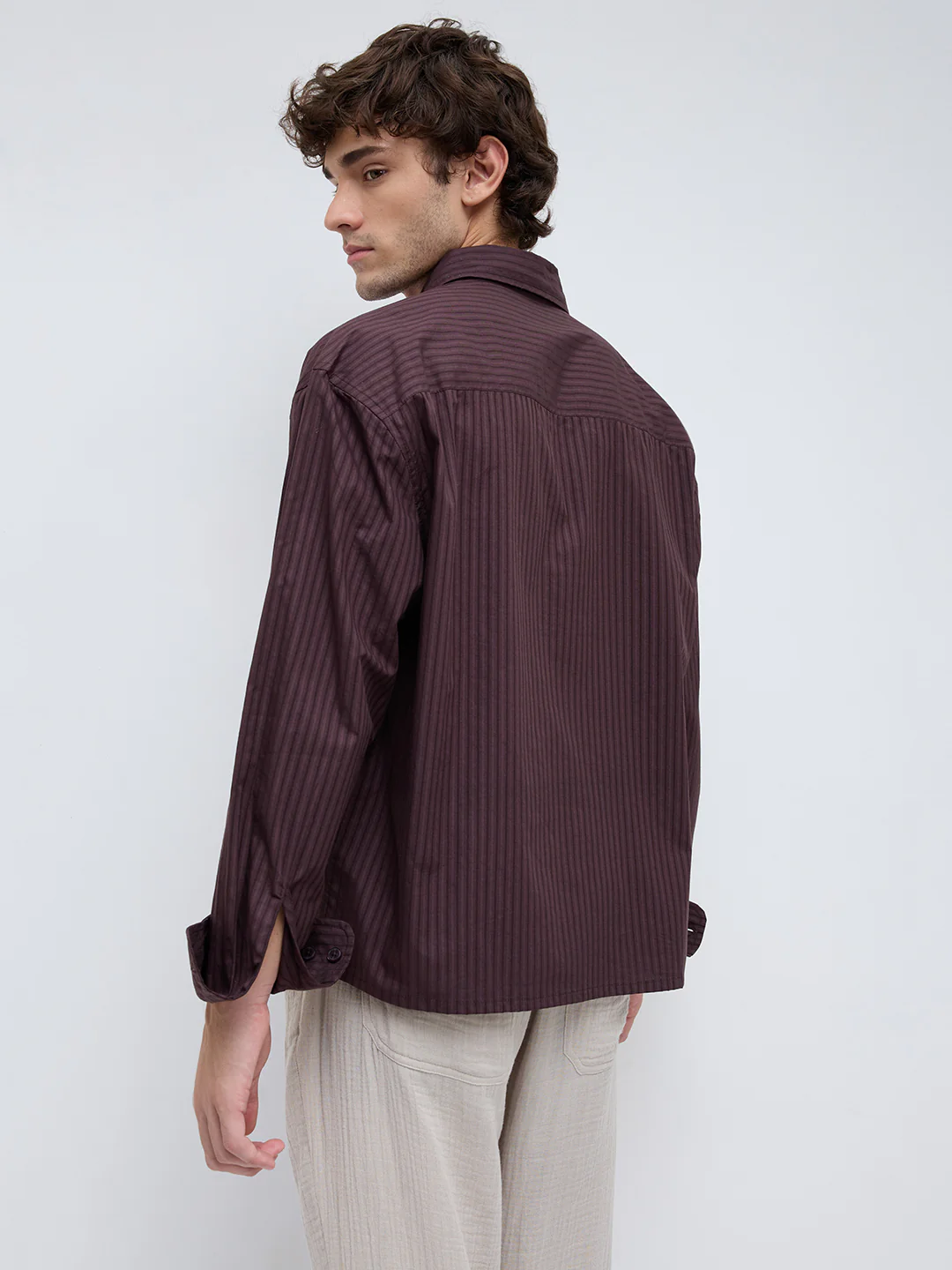 Plush Brunette Brown Subtle Striped Boxy Fit Crop Shirt - Image 7