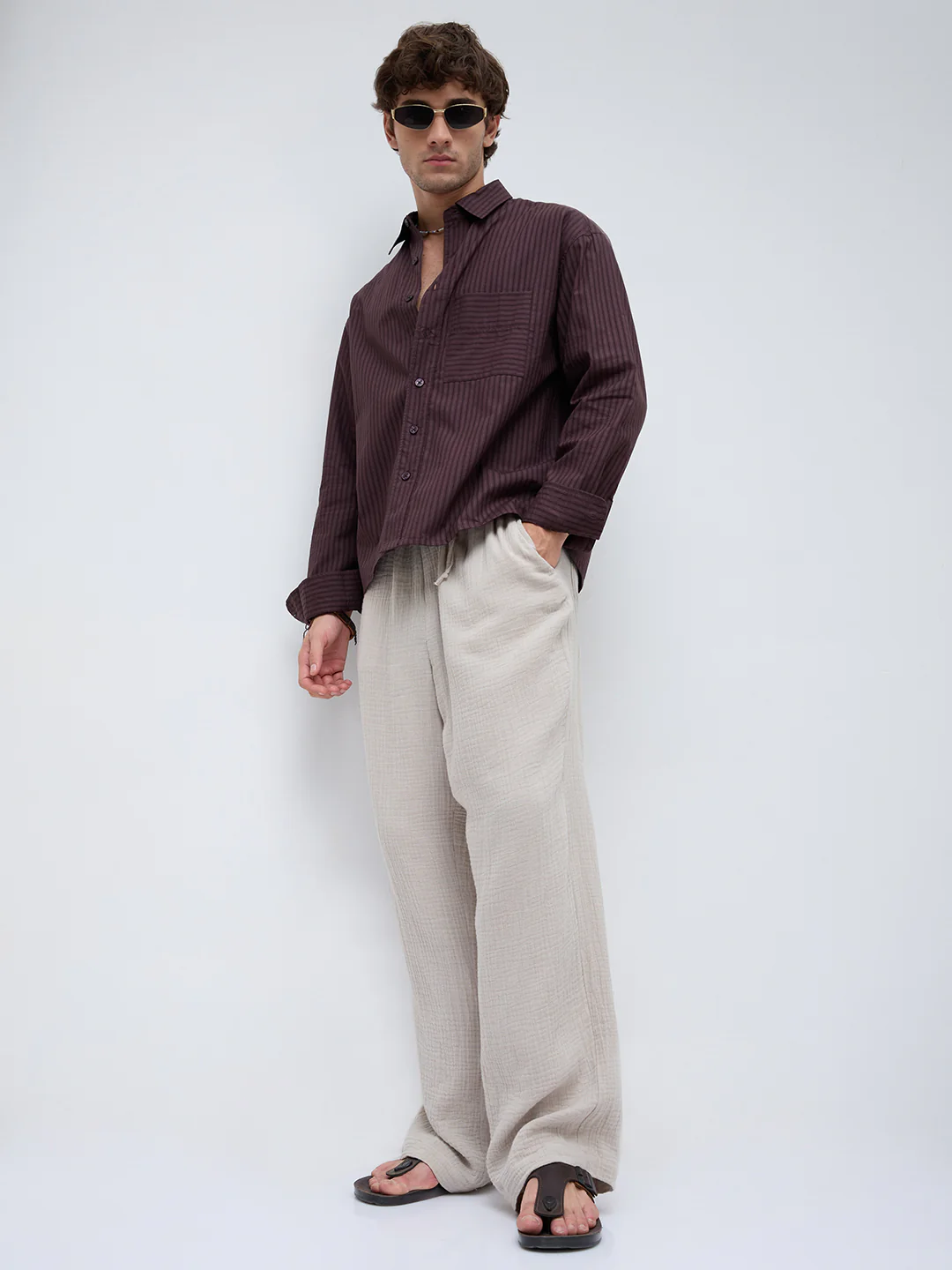 Plush Brunette Brown Subtle Striped Boxy Fit Crop Shirt - Image 8