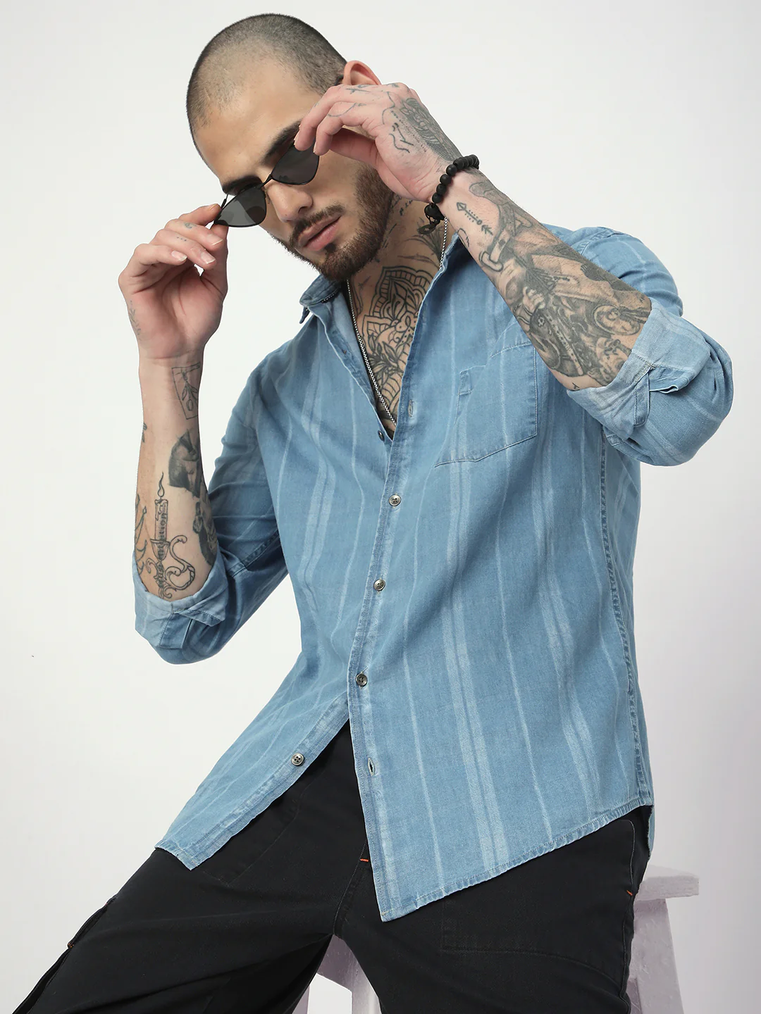 Plush Denim Vertical Stripe Shirt - Image 2