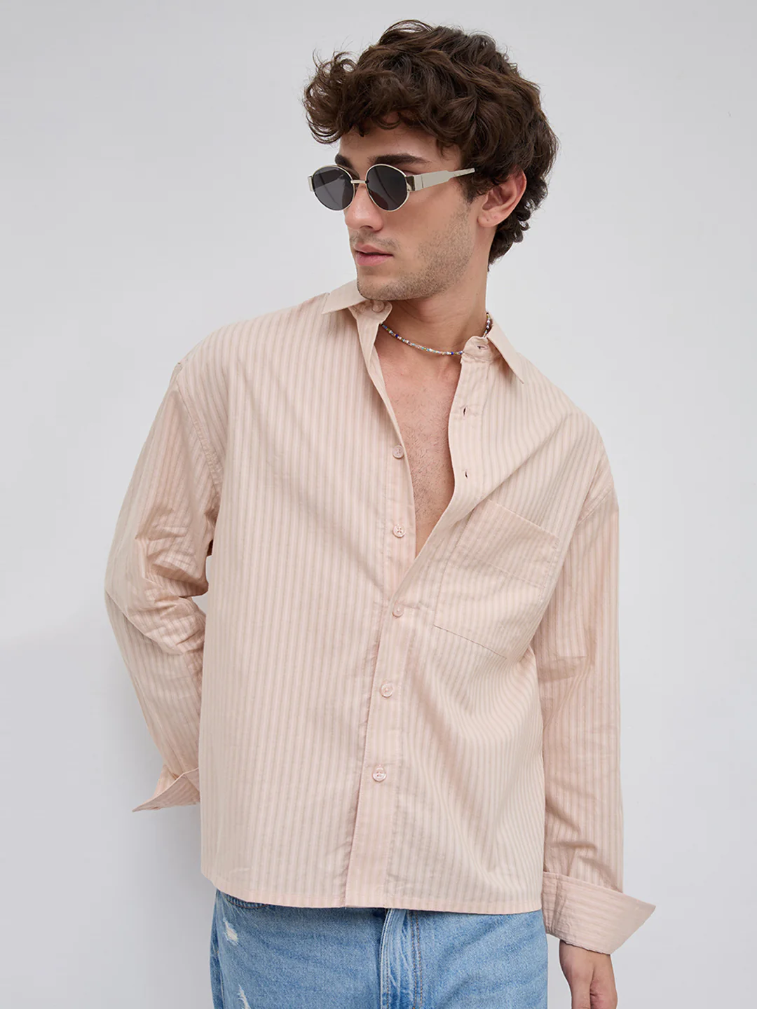 Plush Powder Pink Subtle Striped Boxy Fit Crop Shirt - Image 2