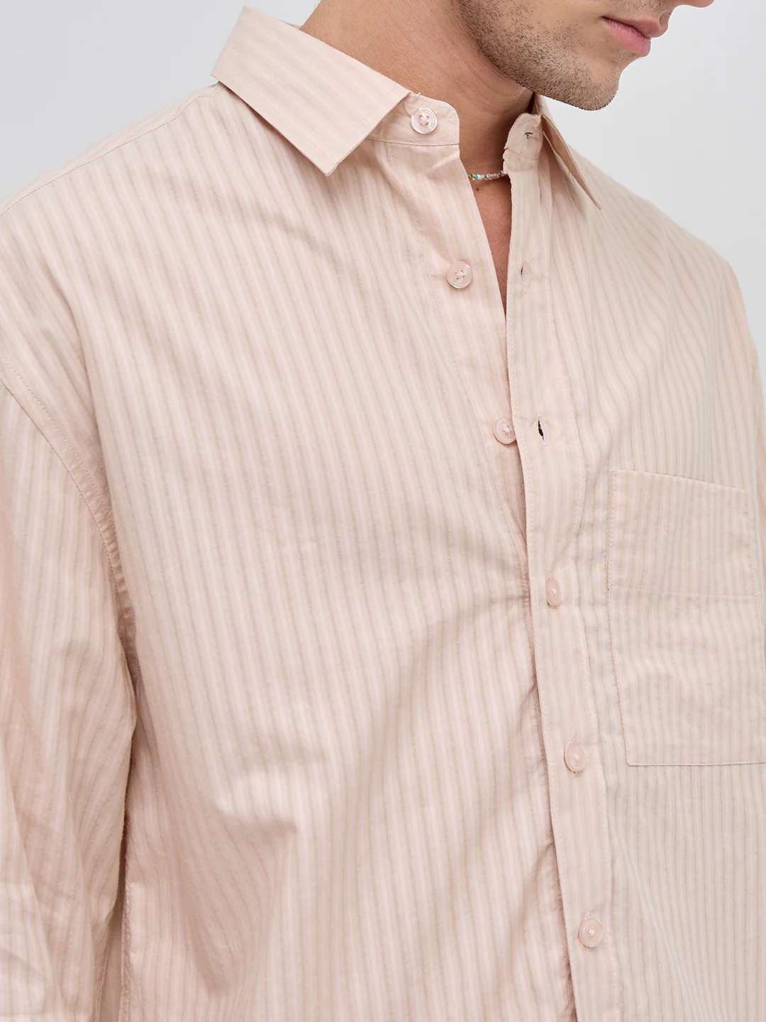 Plush Powder Pink Subtle Striped Boxy Fit Crop Shirt - Image 3