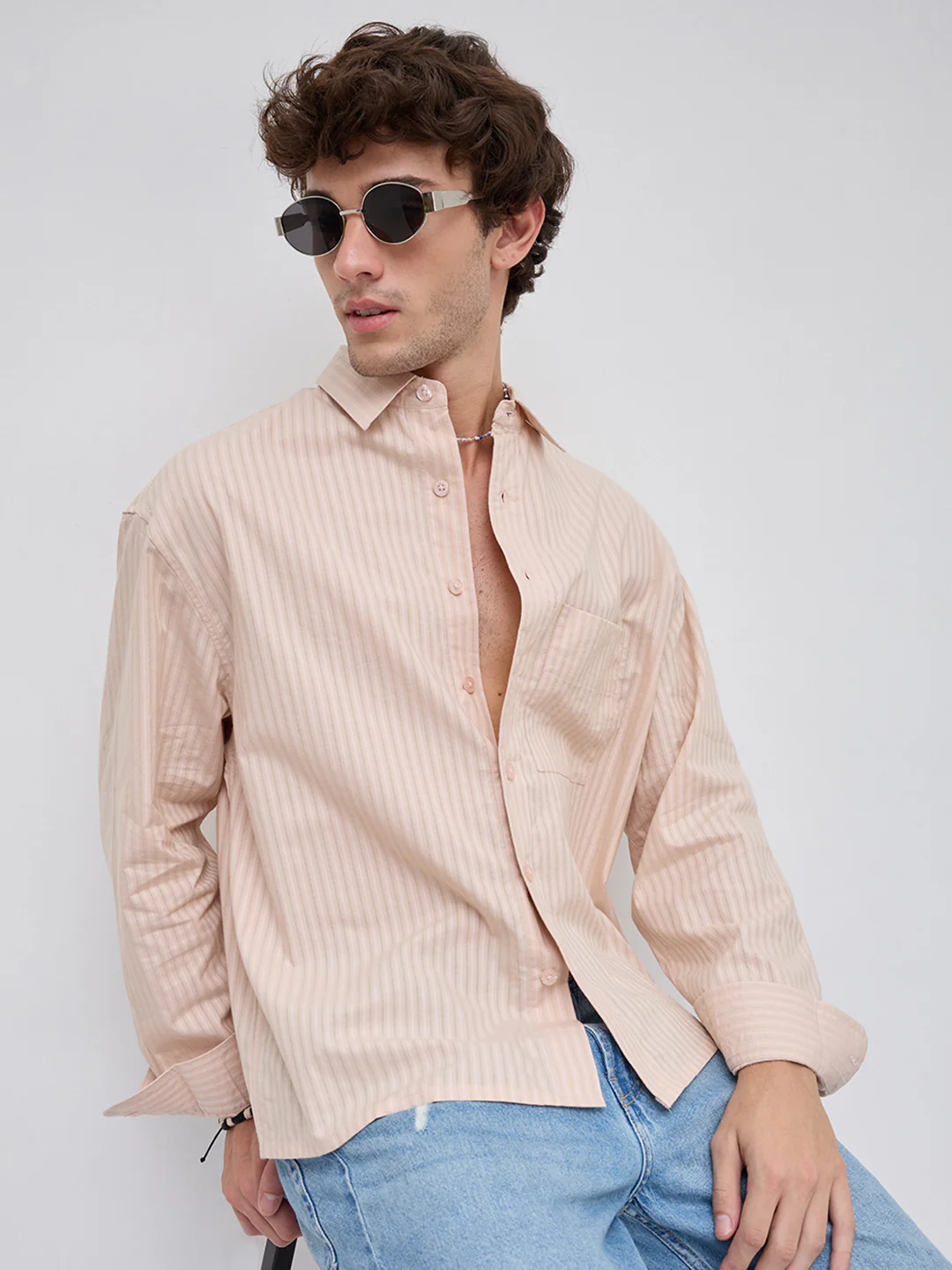Plush Powder Pink Subtle Striped Boxy Fit Crop Shirt - Image 4