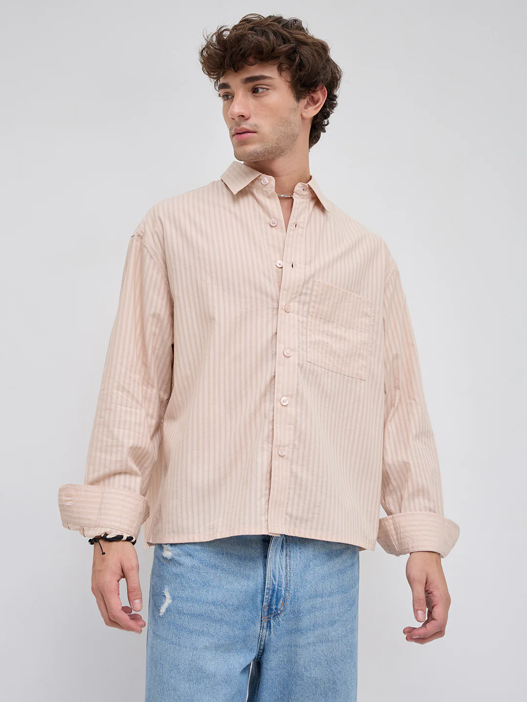 Plush Powder Pink Subtle Striped Boxy Fit Crop Shirt - Image 5