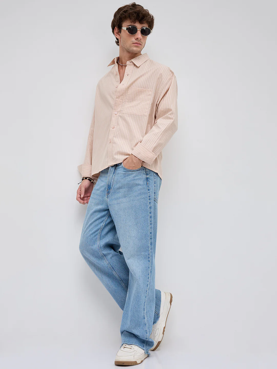 Plush Powder Pink Subtle Striped Boxy Fit Crop Shirt - Image 8