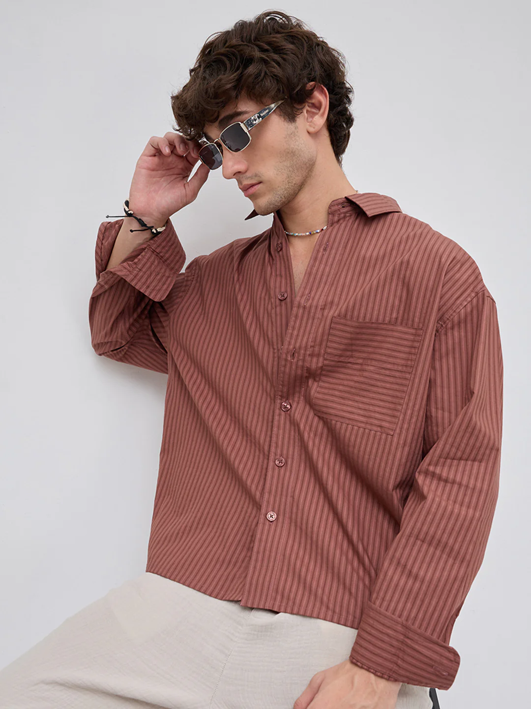 Plush Russet Brown Shadow Striped Boxy Fit Crop Shirt