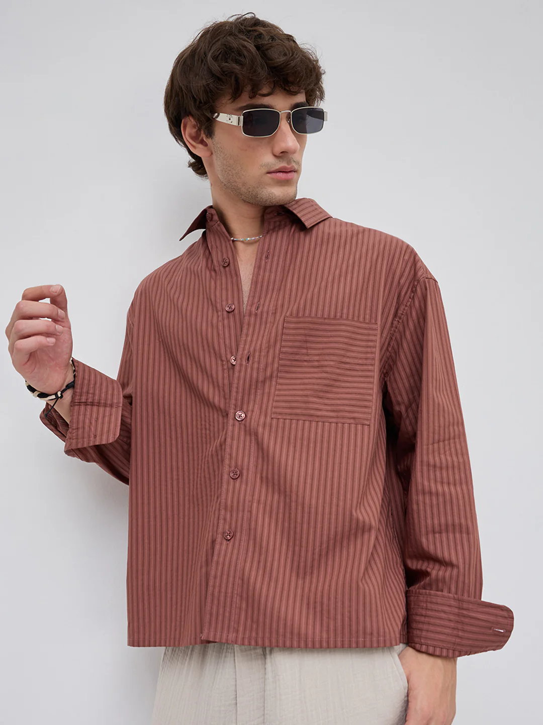 Plush Russet Brown Shadow Striped Boxy Fit Crop Shirt - Image 2