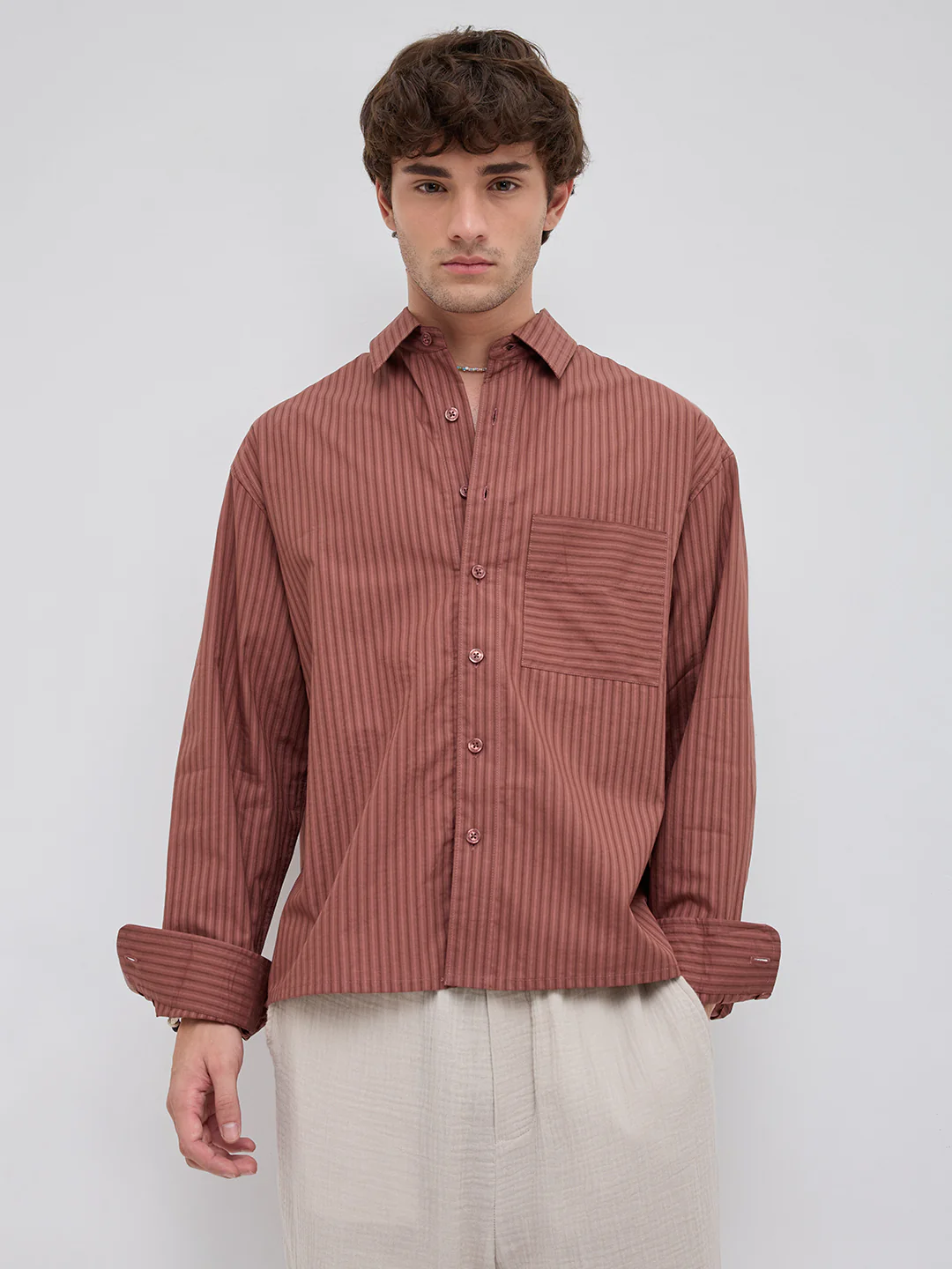Plush Russet Brown Shadow Striped Boxy Fit Crop Shirt - Image 5