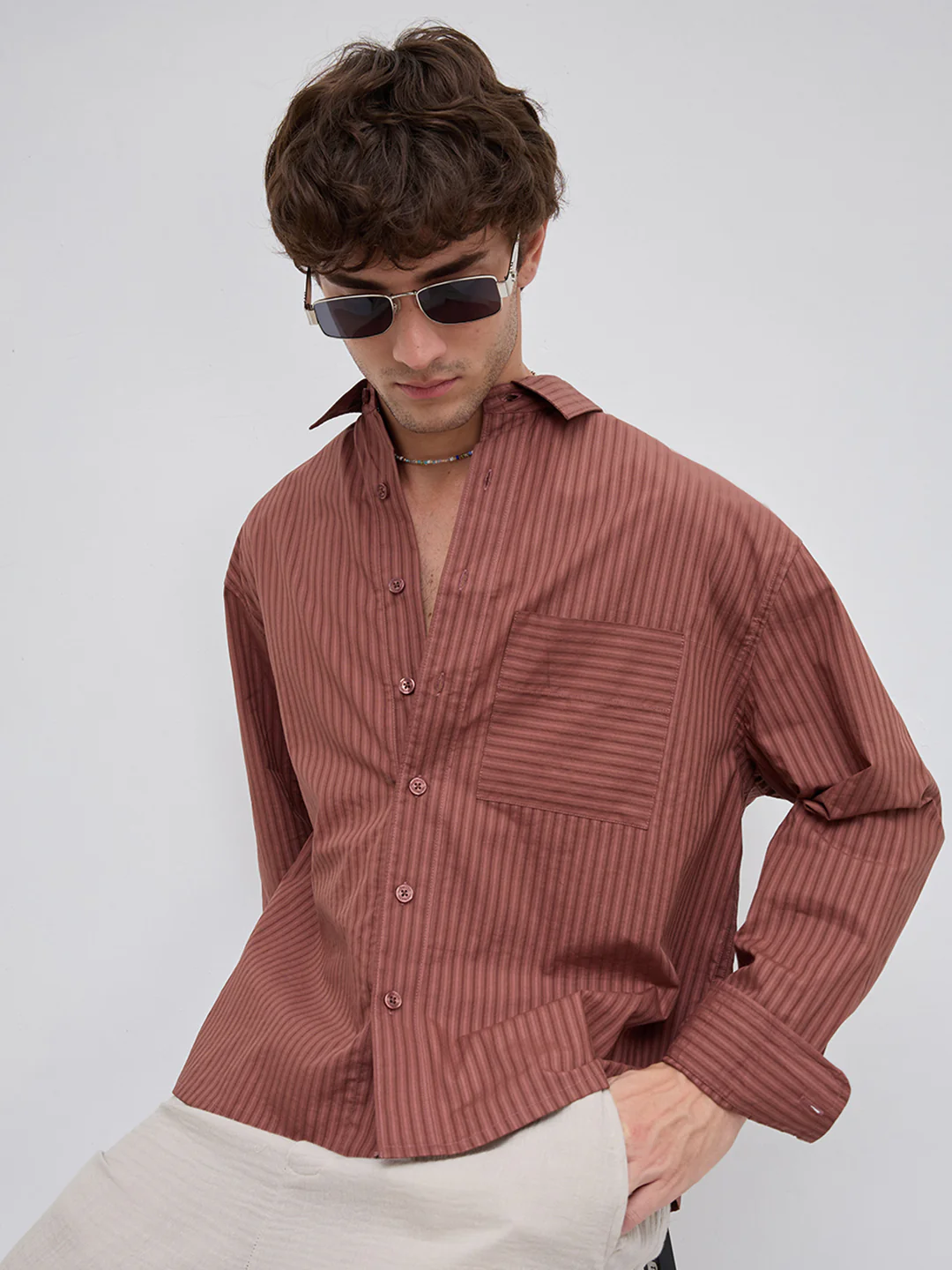 Plush Russet Brown Shadow Striped Boxy Fit Crop Shirt - Image 6