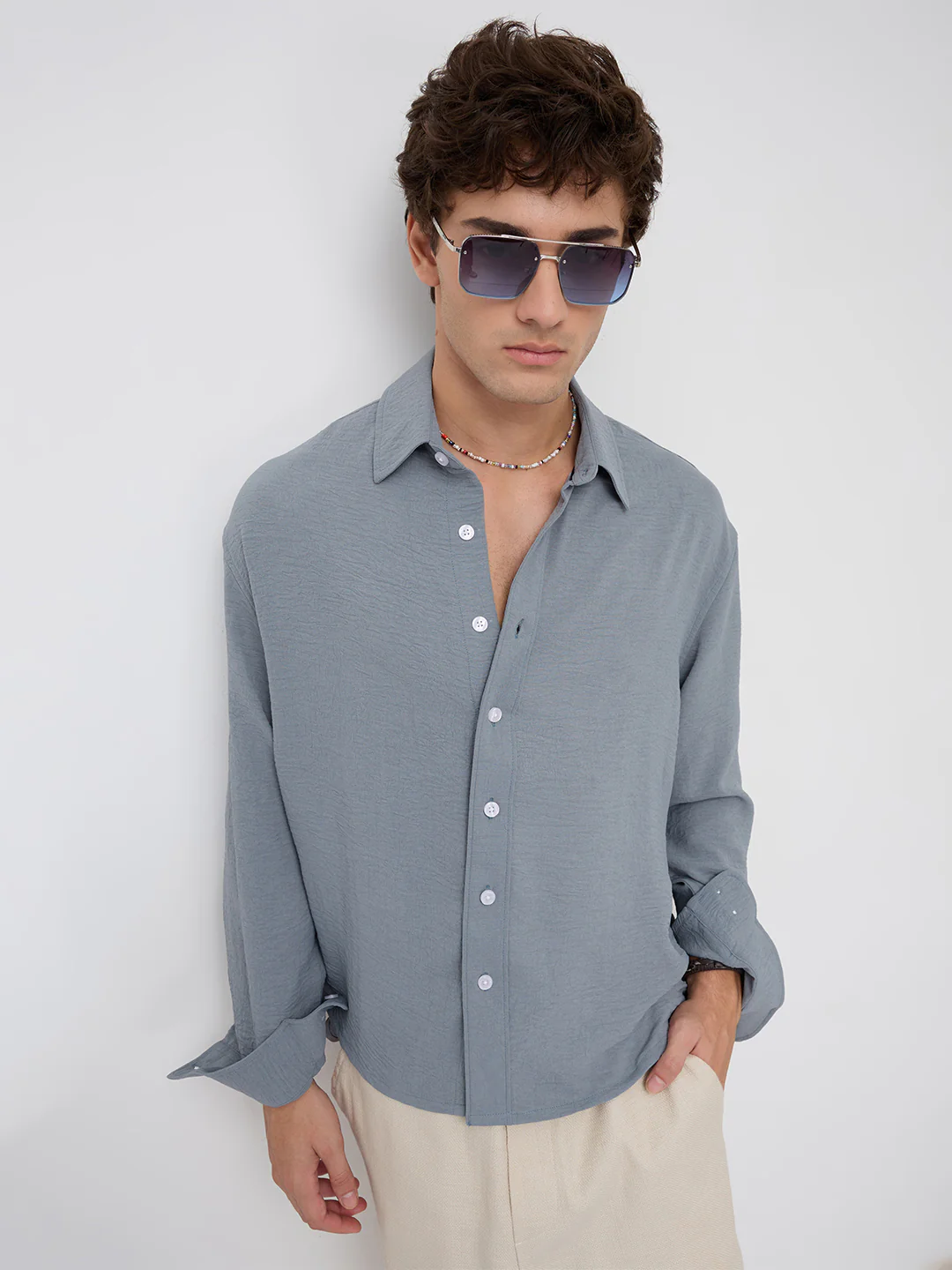Plush Steel Grey Lightweight Crinkled Boxy Fit Crop Shirt - Image 2