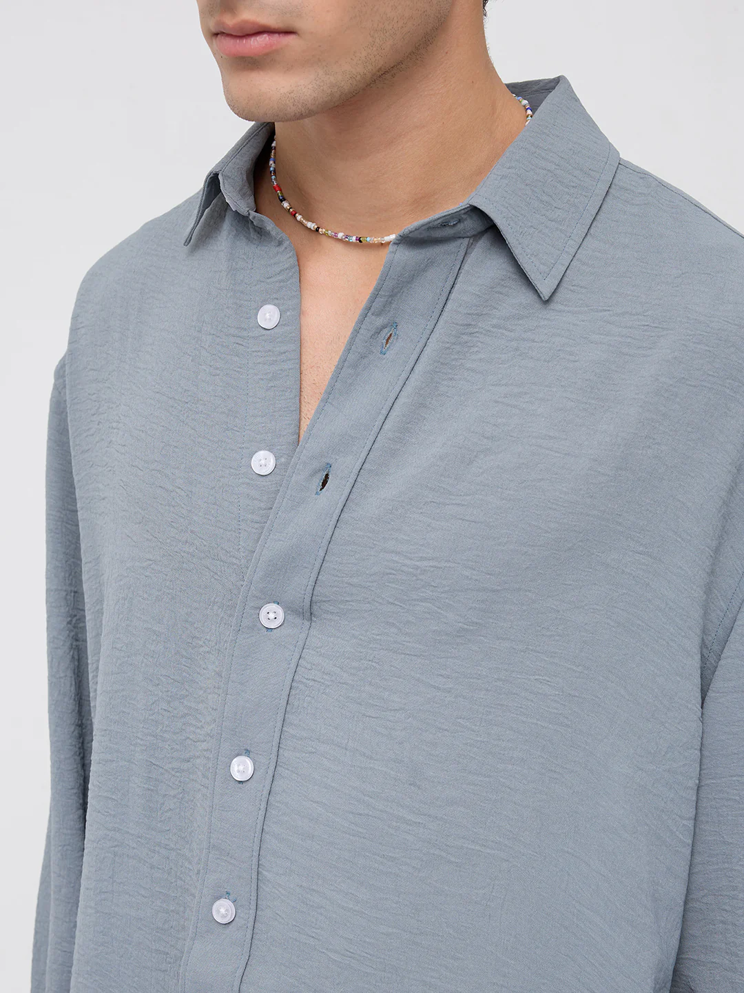 Plush Steel Grey Lightweight Crinkled Boxy Fit Crop Shirt - Image 3