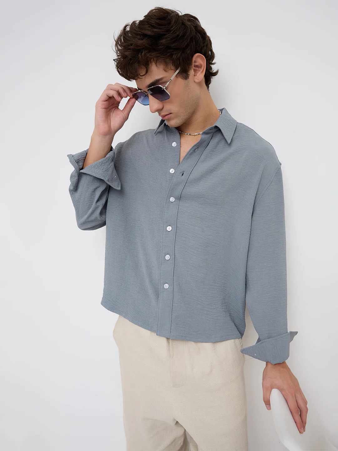 Plush Steel Grey Lightweight Crinkled Boxy Fit Crop Shirt - Image 4