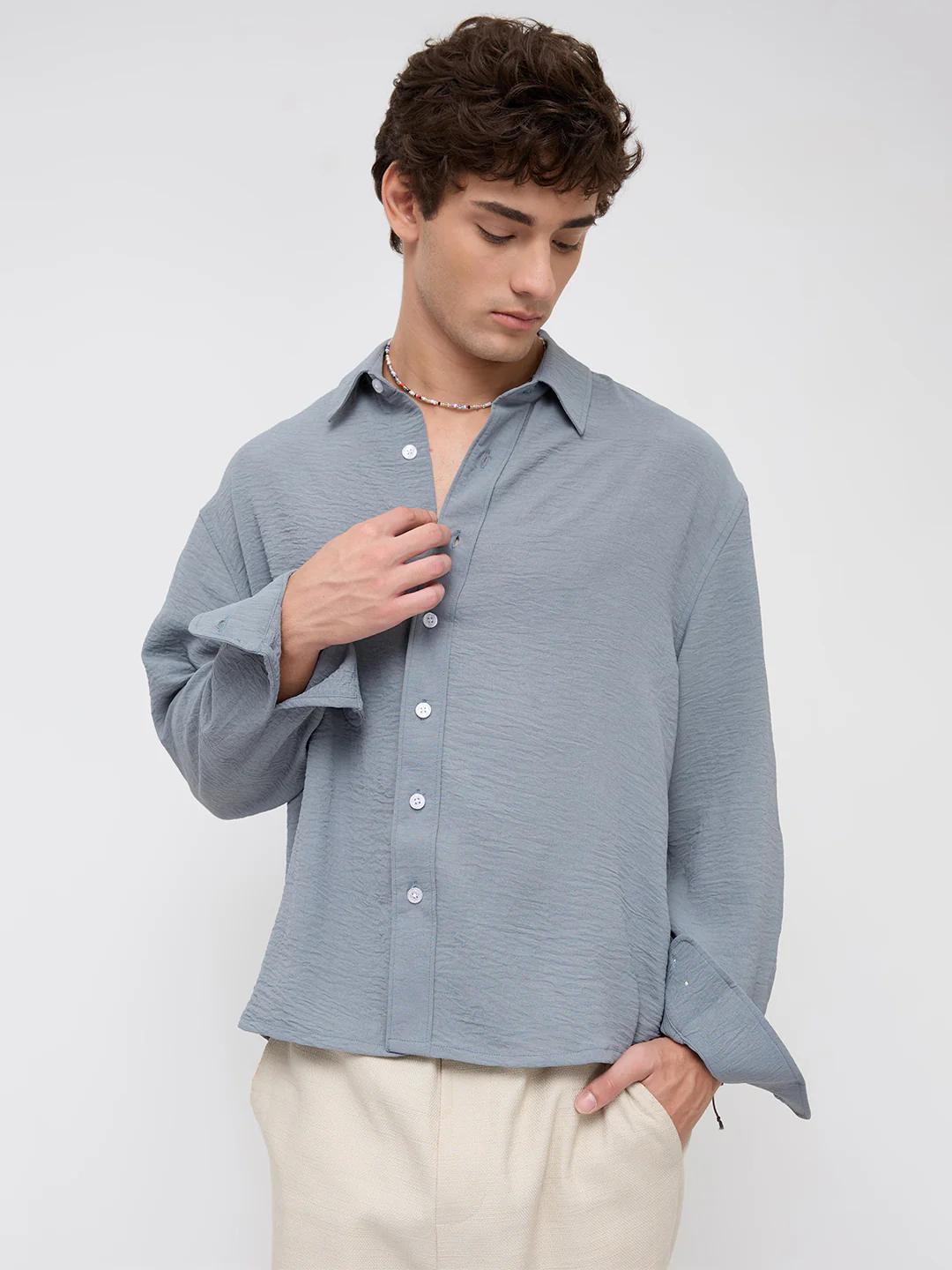 Plush Steel Grey Lightweight Crinkled Boxy Fit Crop Shirt - Image 5