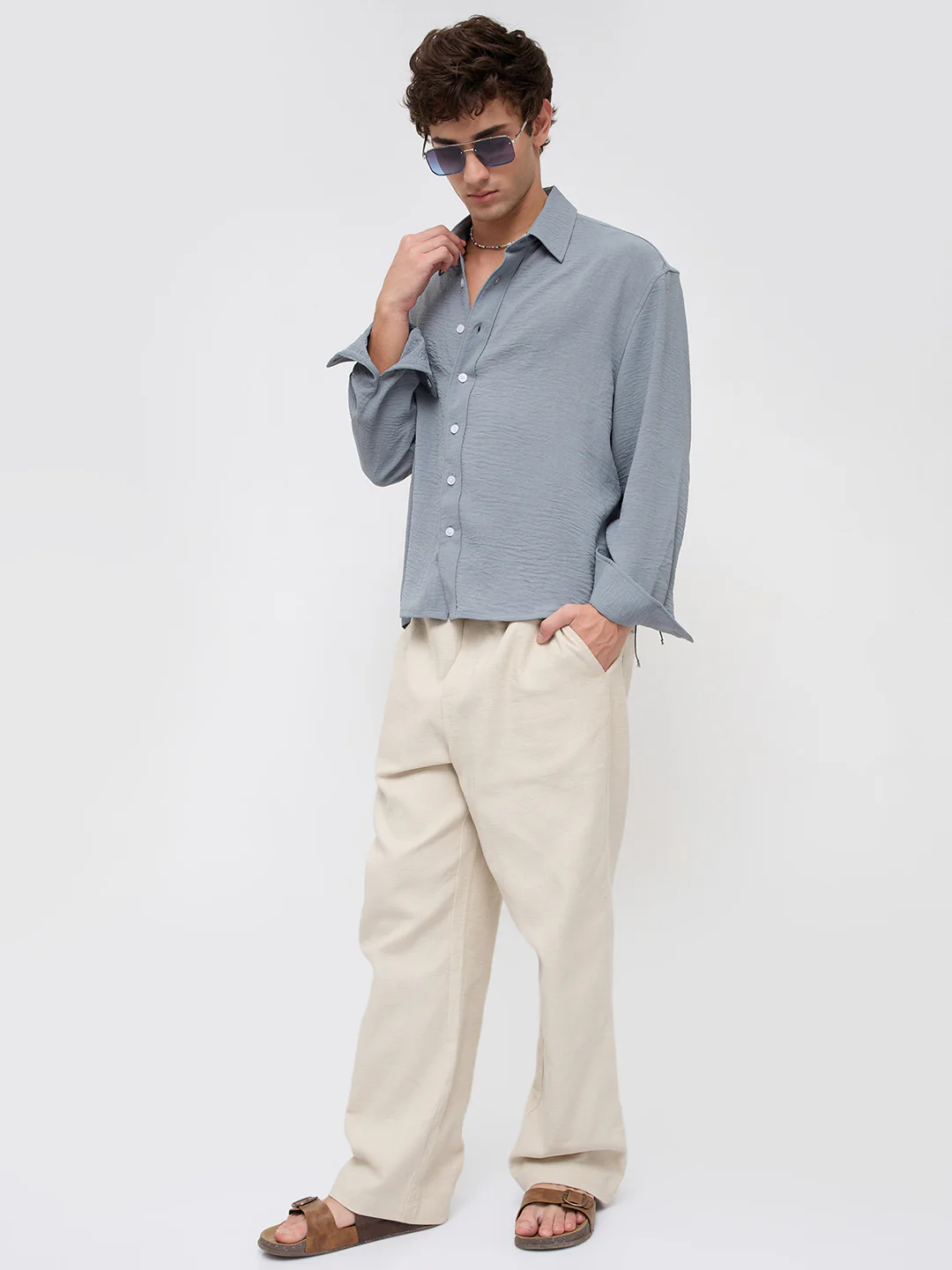 Plush Steel Grey Lightweight Crinkled Boxy Fit Crop Shirt - Image 8