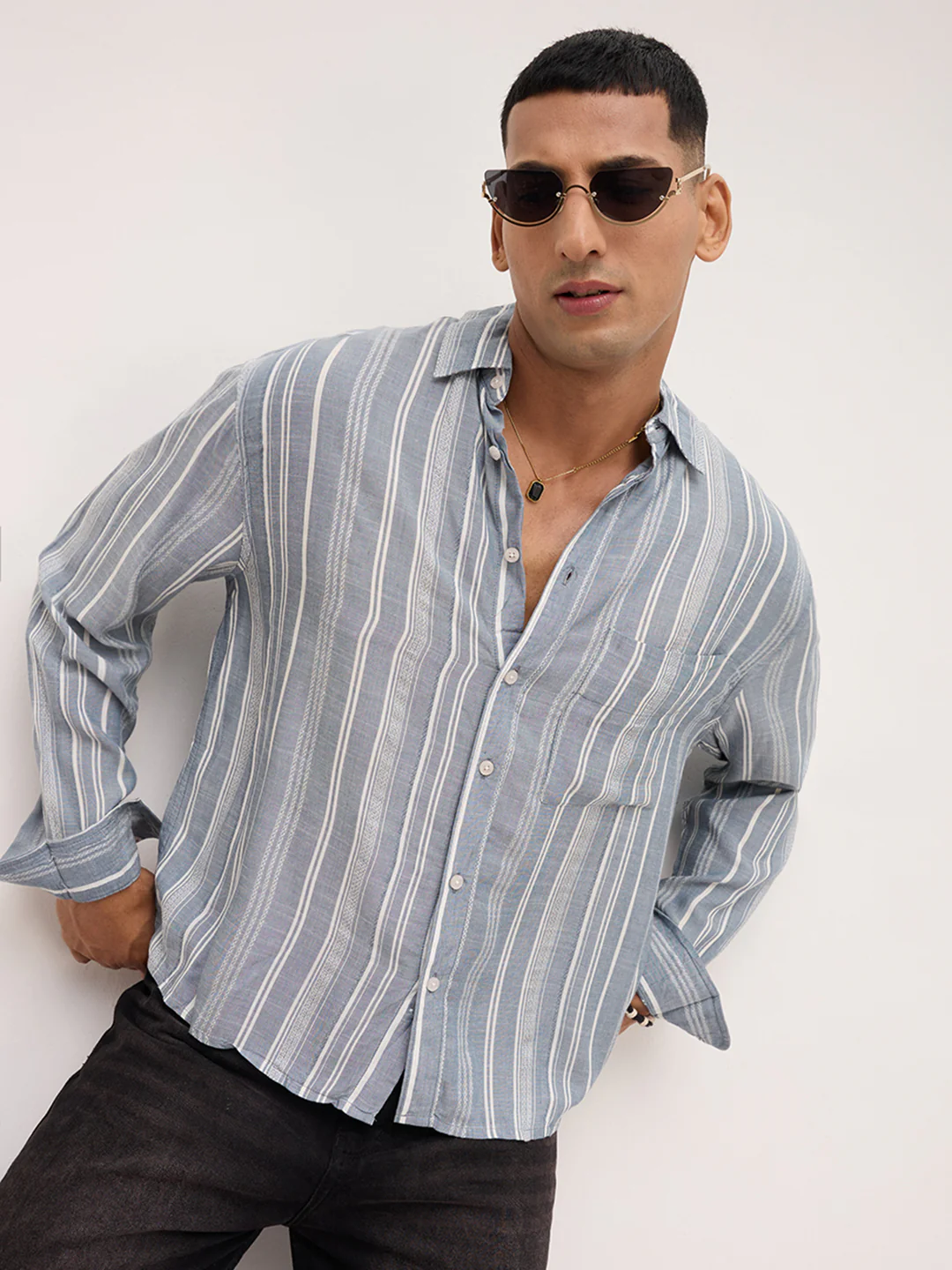 Plushy Grey Stripes Boxy Fit Crop Shirt - Image 2