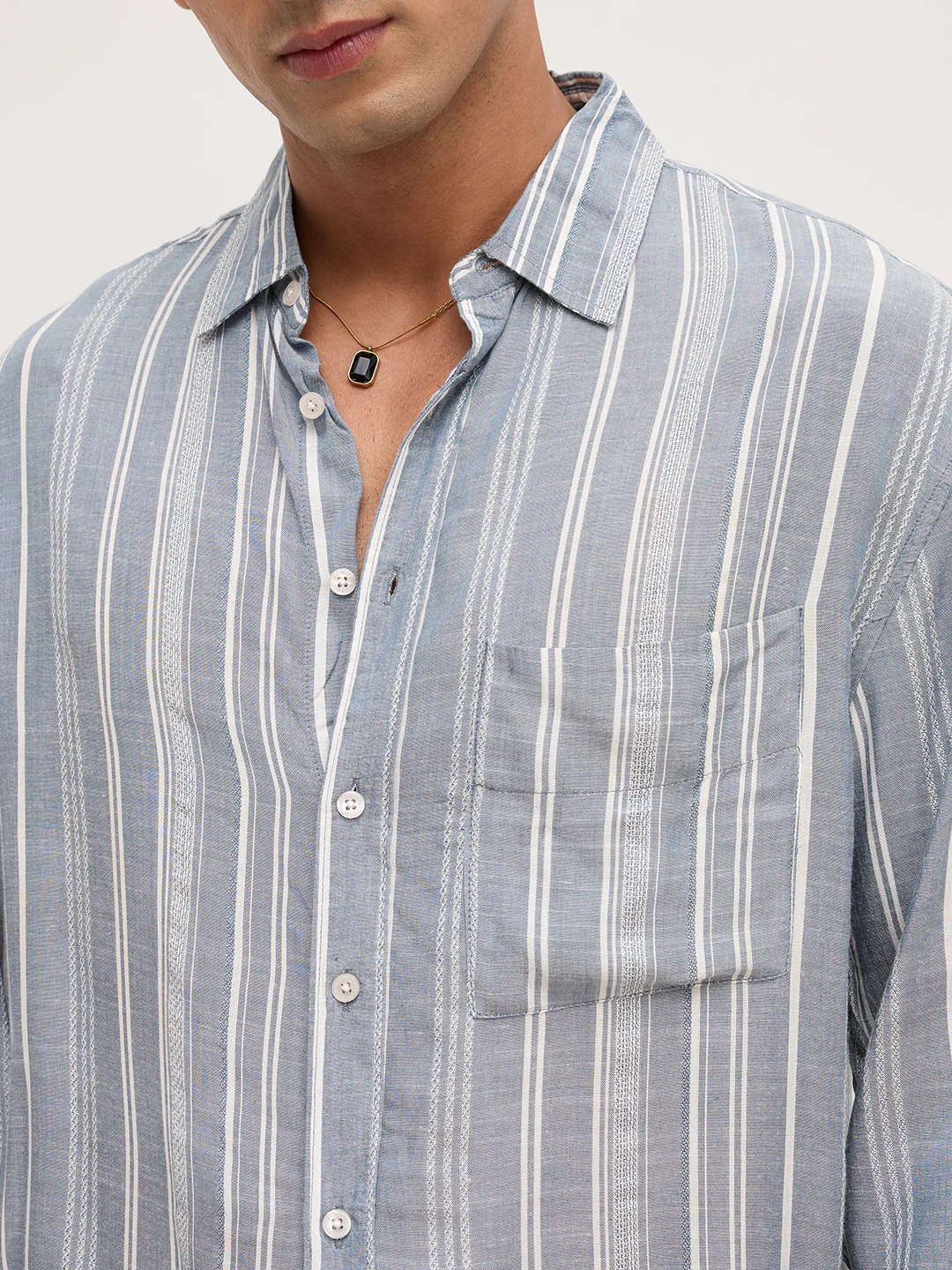 Plushy Grey Stripes Boxy Fit Crop Shirt - Image 3