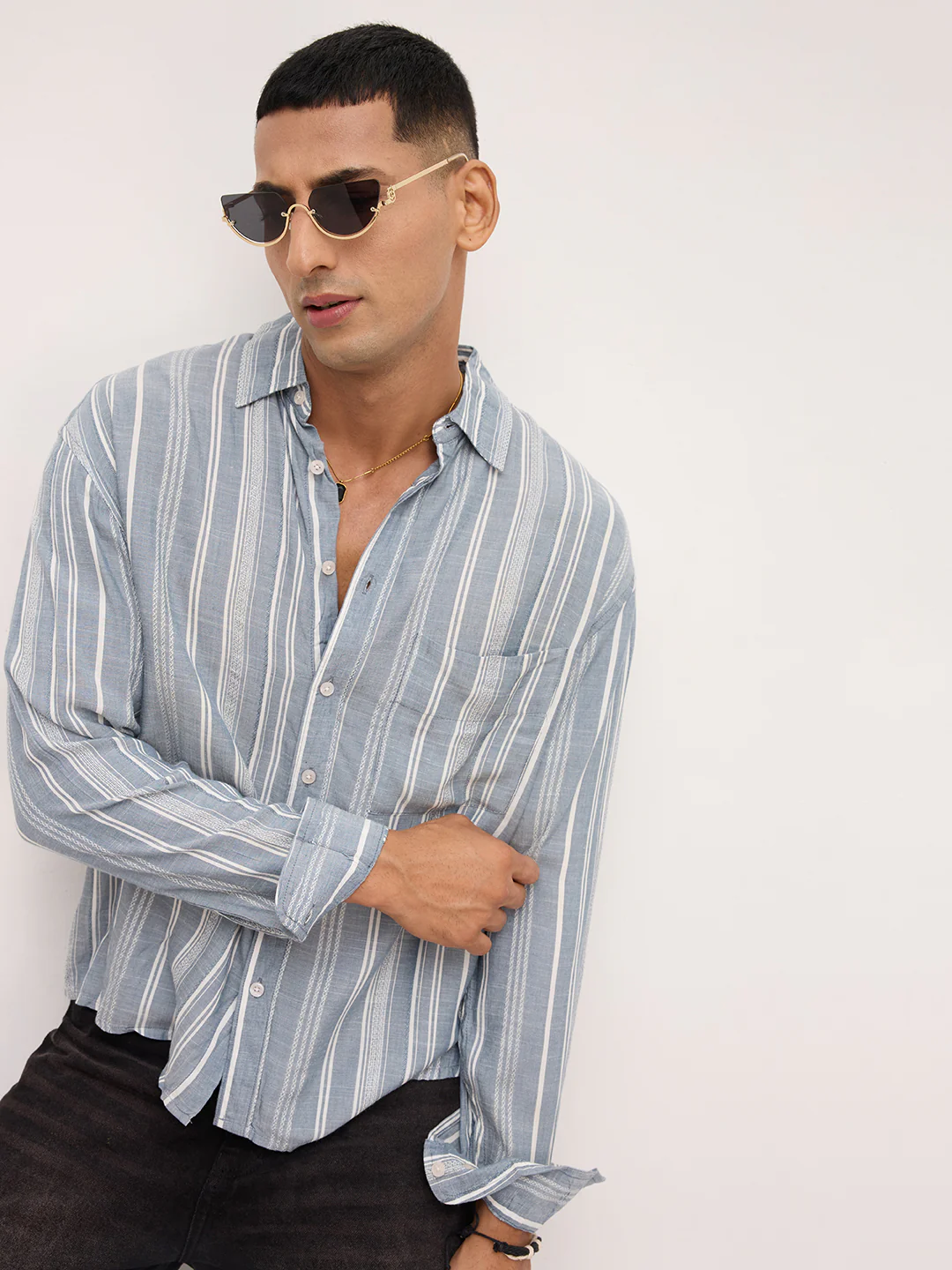 Plushy Grey Stripes Boxy Fit Crop Shirt - Image 4