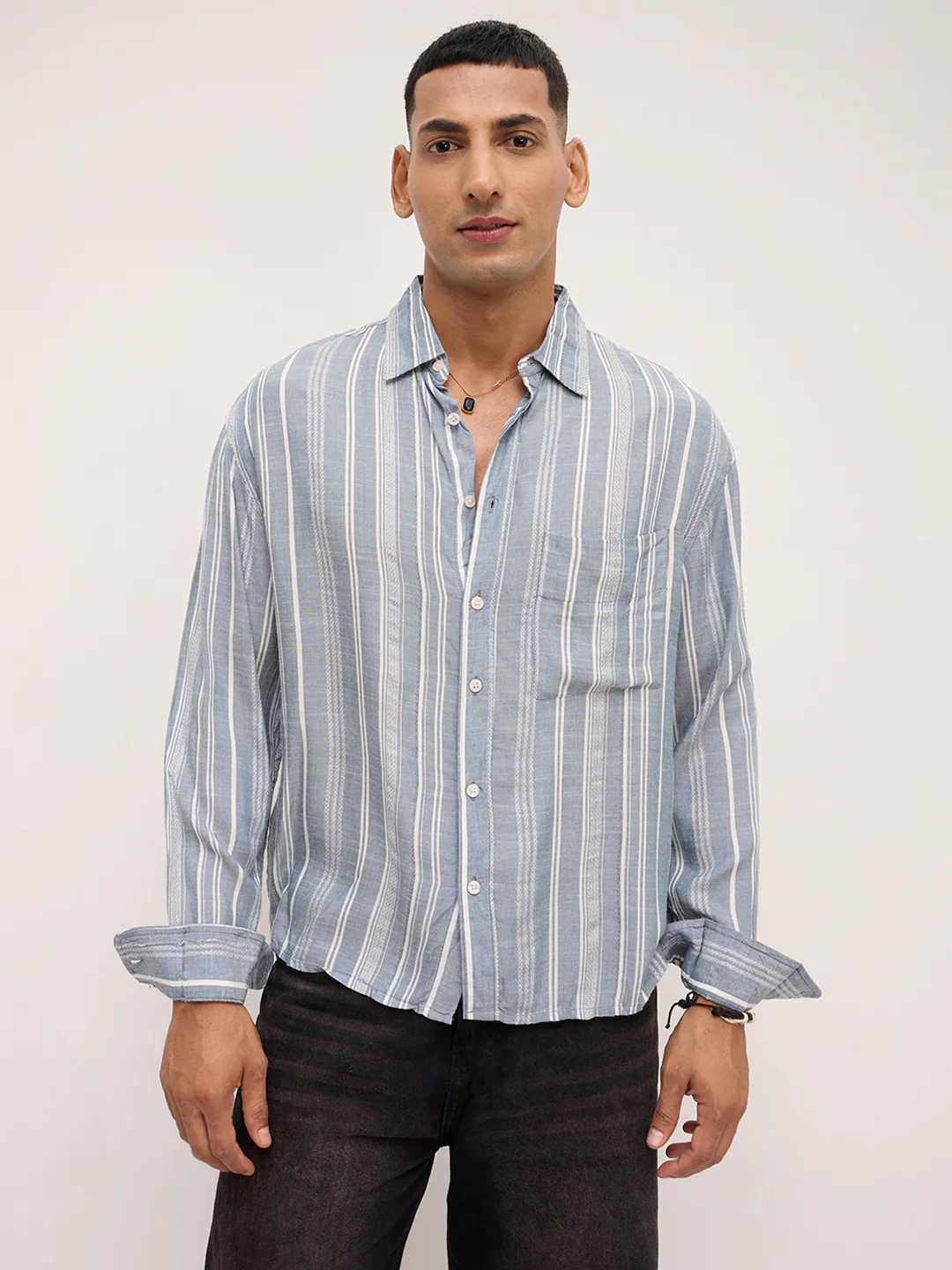 Plushy Grey Stripes Boxy Fit Crop Shirt - Image 5