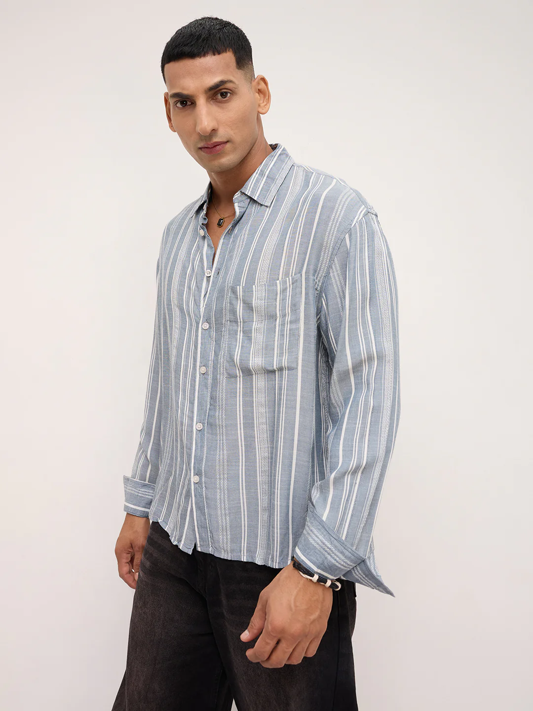 Plushy Grey Stripes Boxy Fit Crop Shirt - Image 6