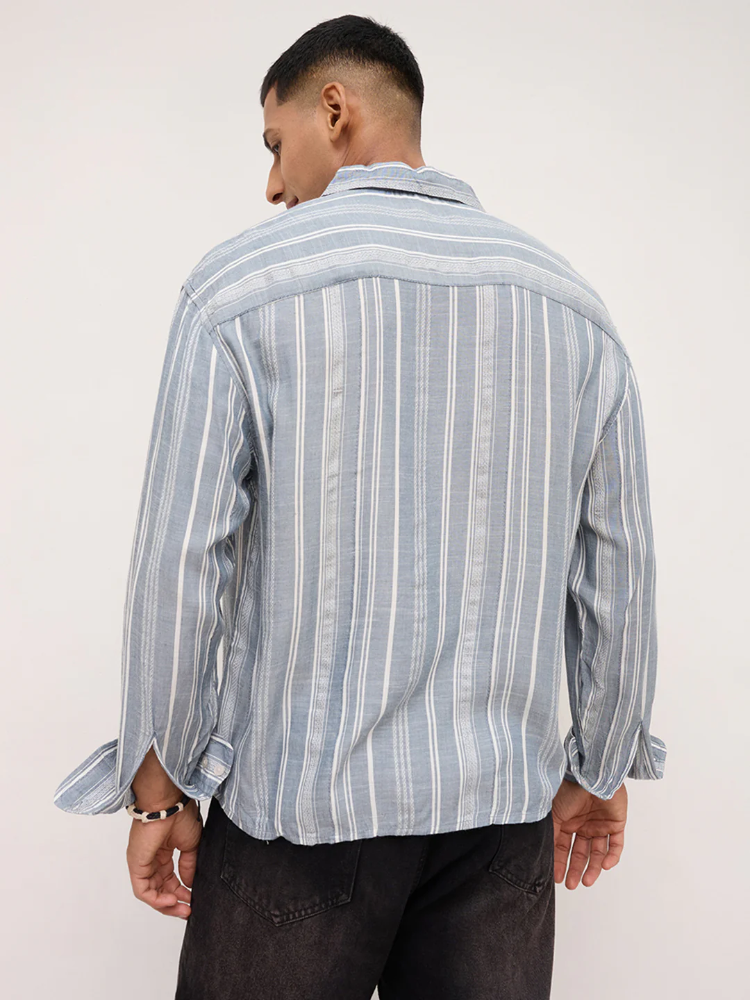 Plushy Grey Stripes Boxy Fit Crop Shirt - Image 7